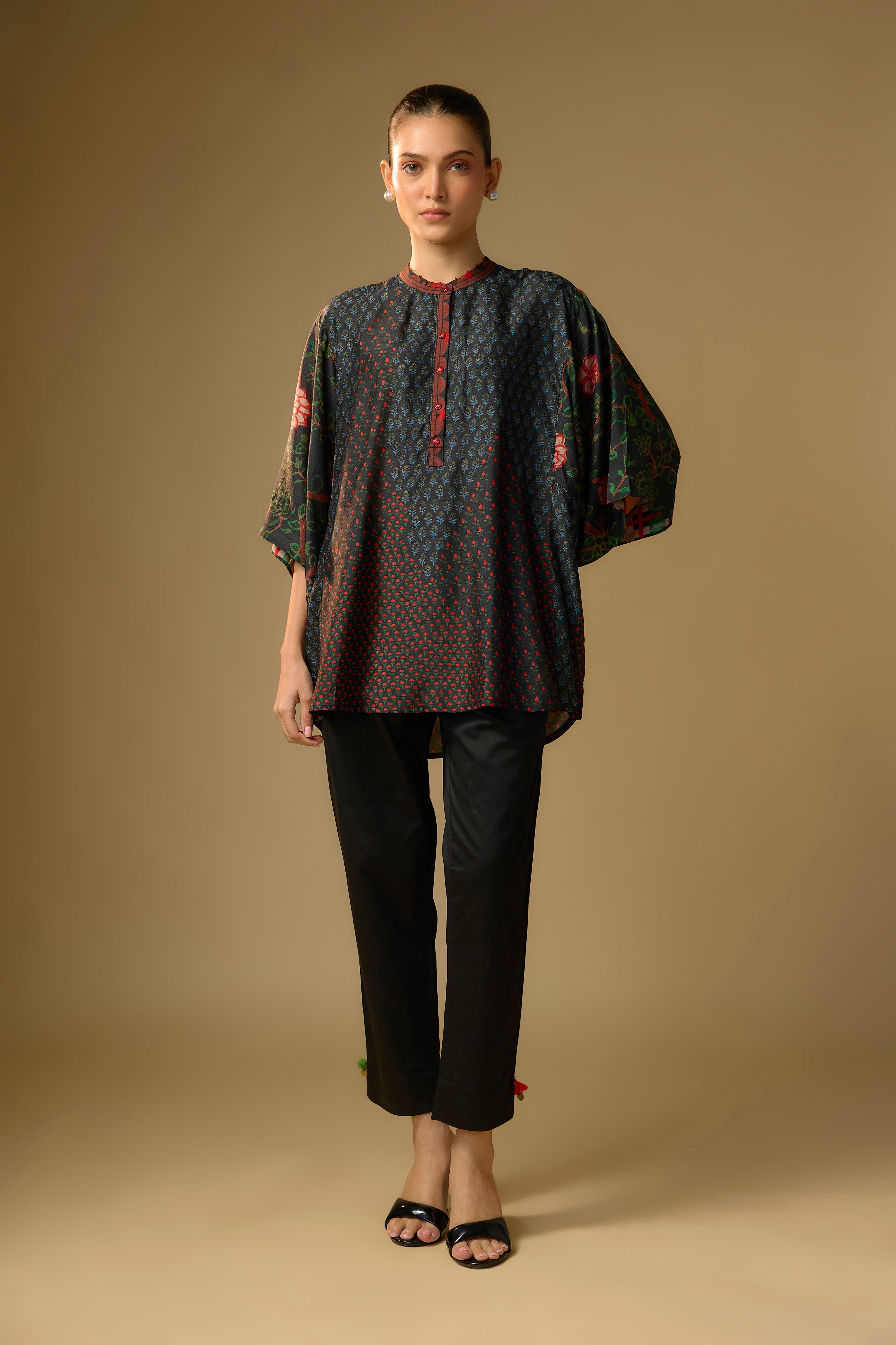 Black Printed Slub Cotton Silk Tunic Top