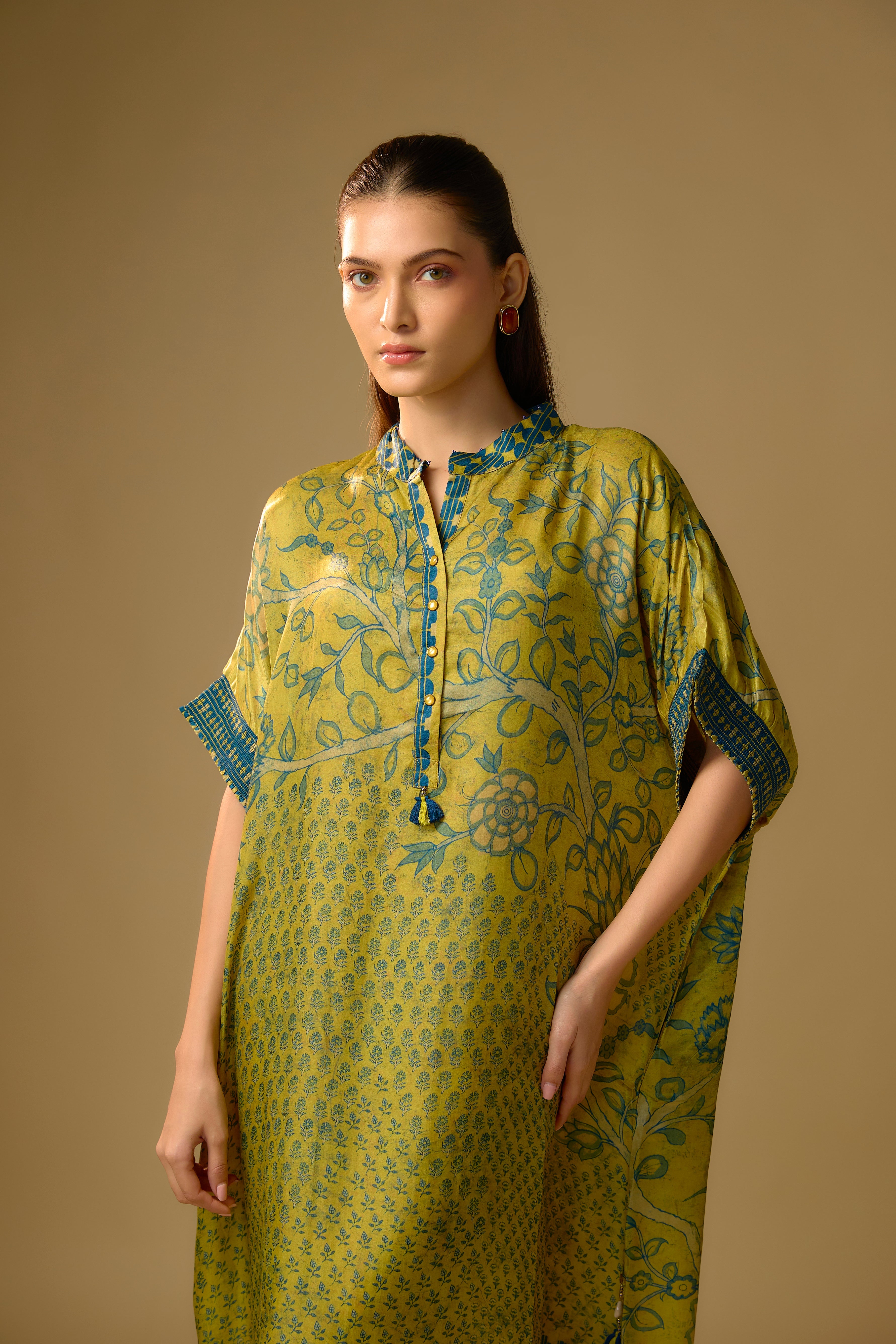 Mustard Yellow Printed Slub Cotton Silk Tunic Long Top