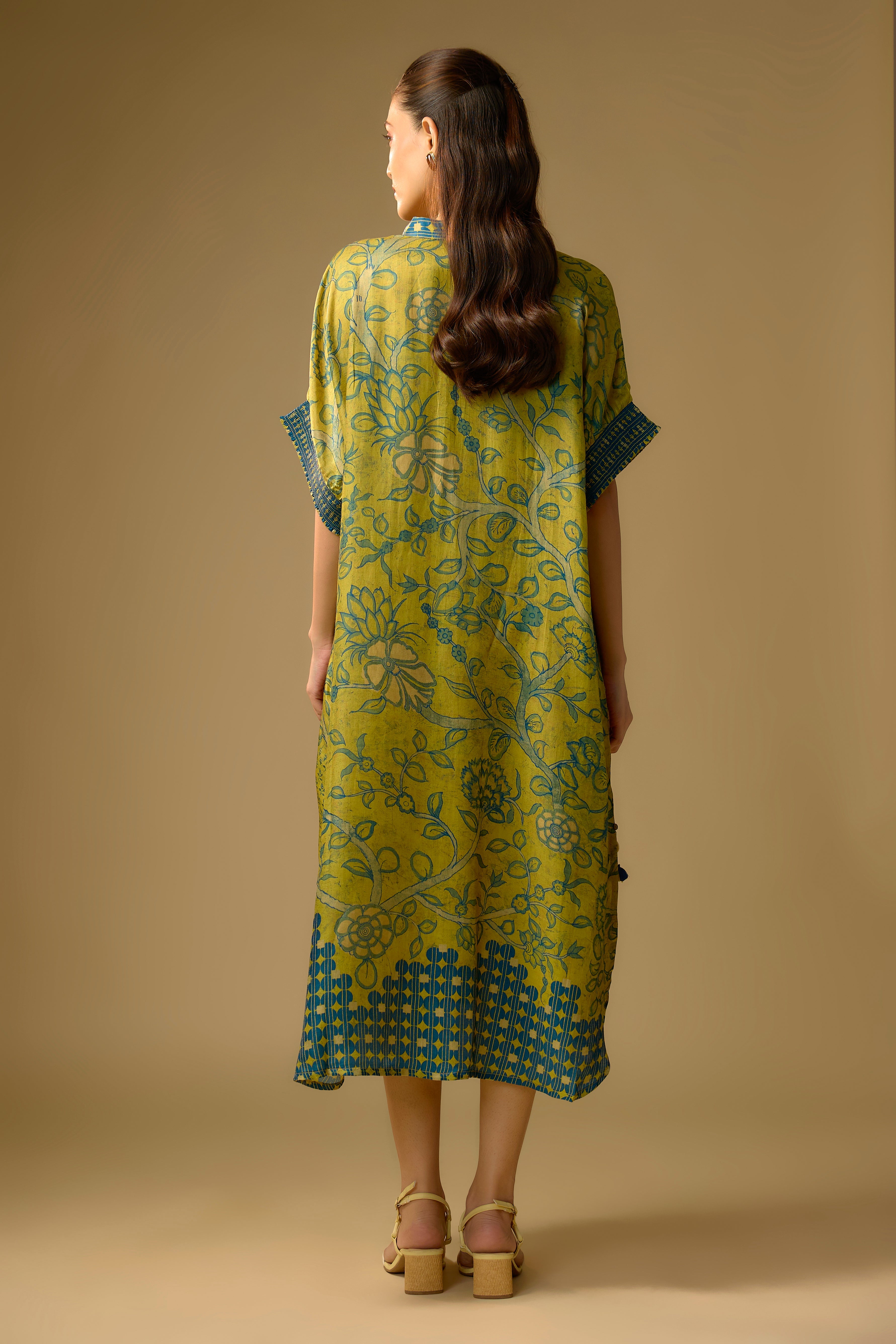 Mustard Yellow Printed Slub Cotton Silk Tunic Long Top