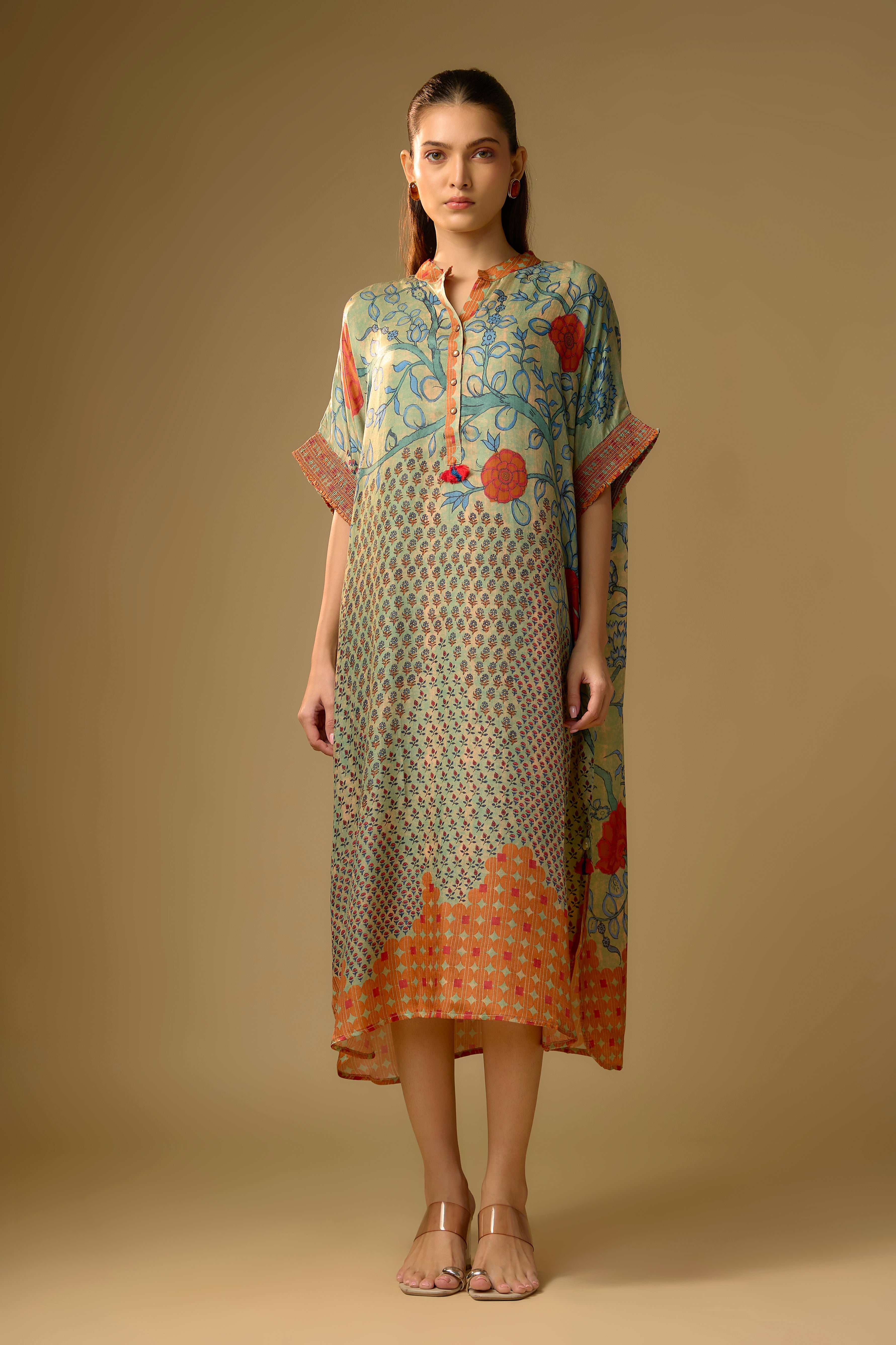 Pista Green Printed Slub Cotton Silk Tunic Long Top