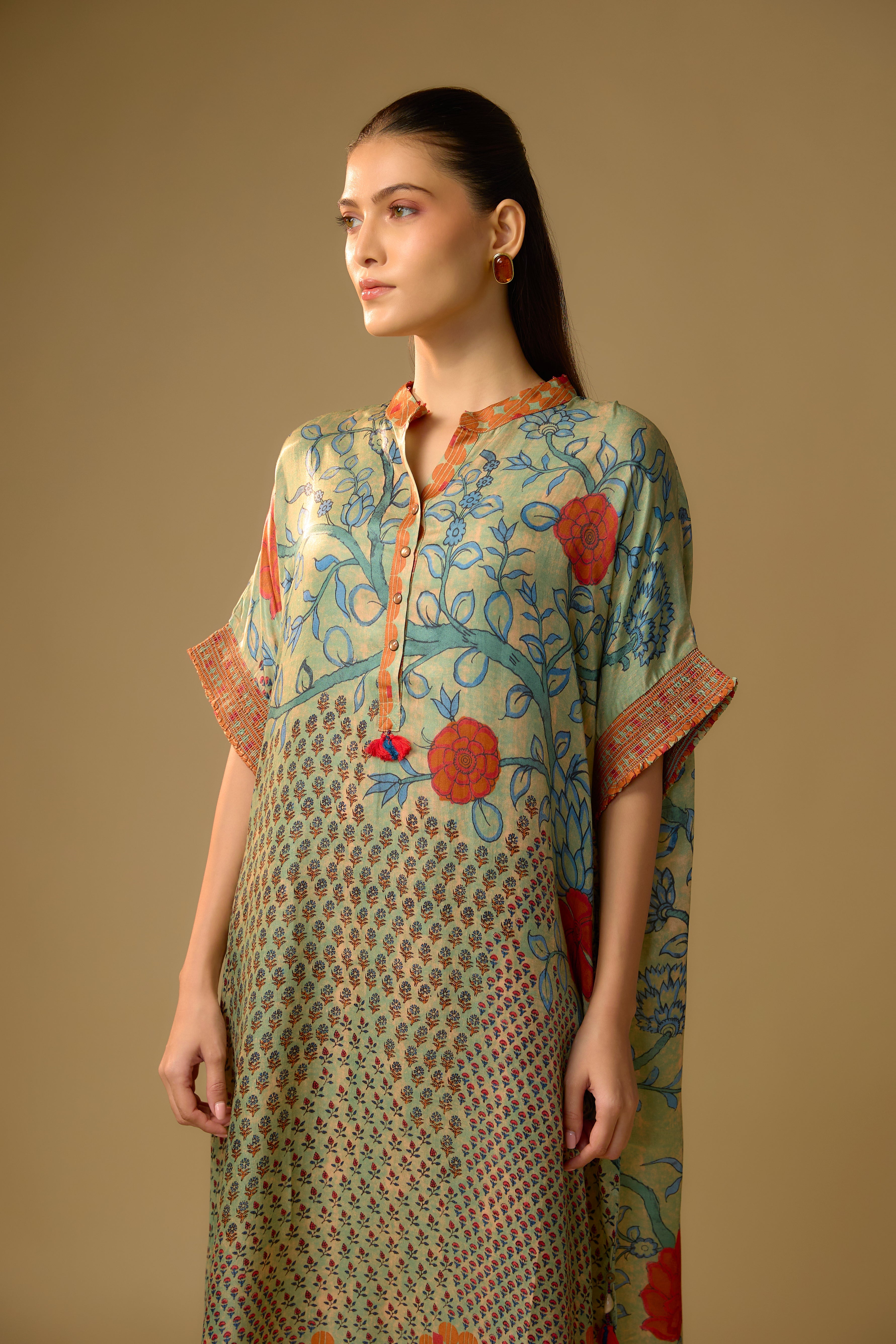Pista Green Printed Slub Cotton Silk Tunic Long Top