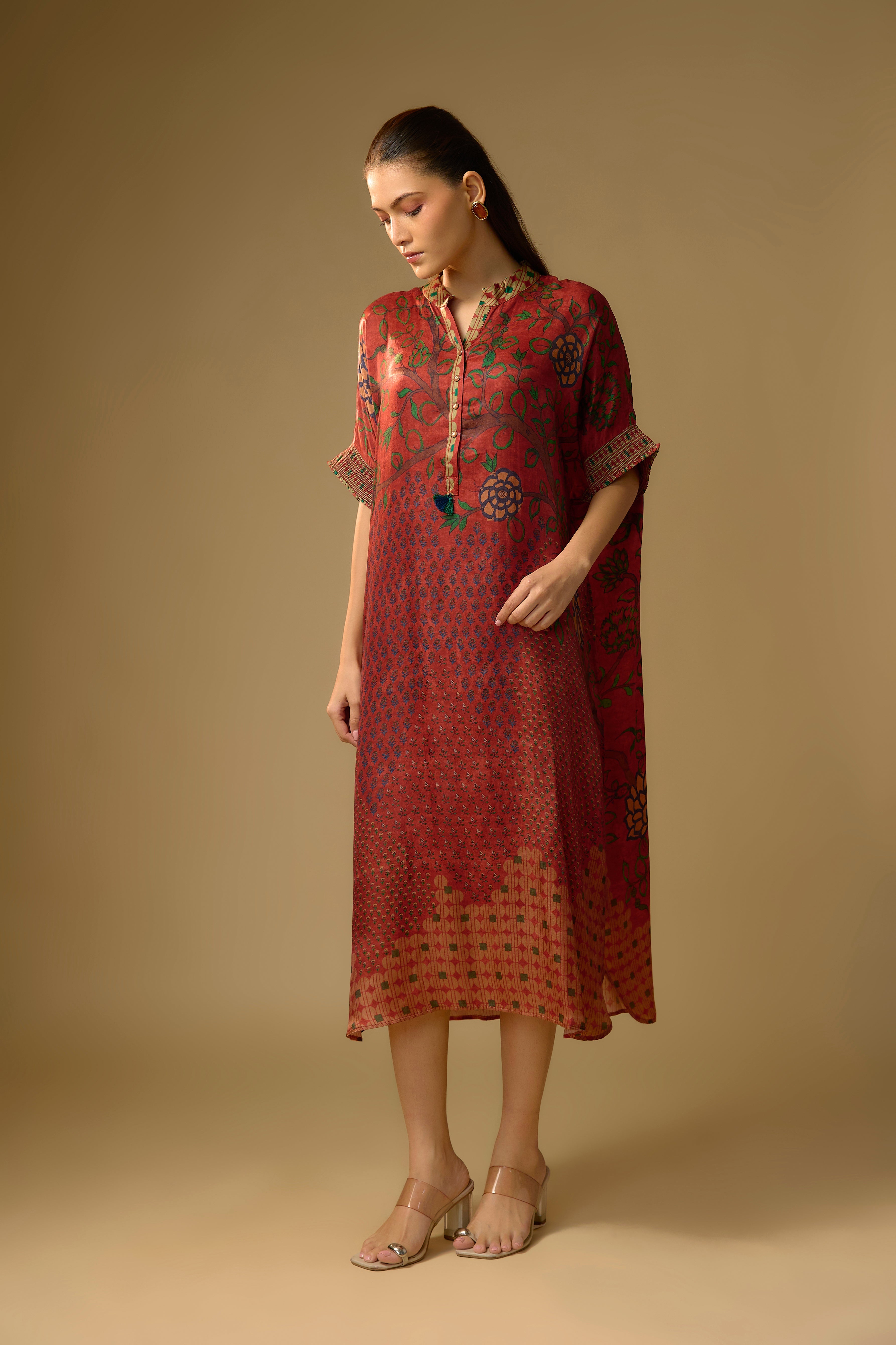 Red Printed Slub Cotton Silk Tunic Long Top