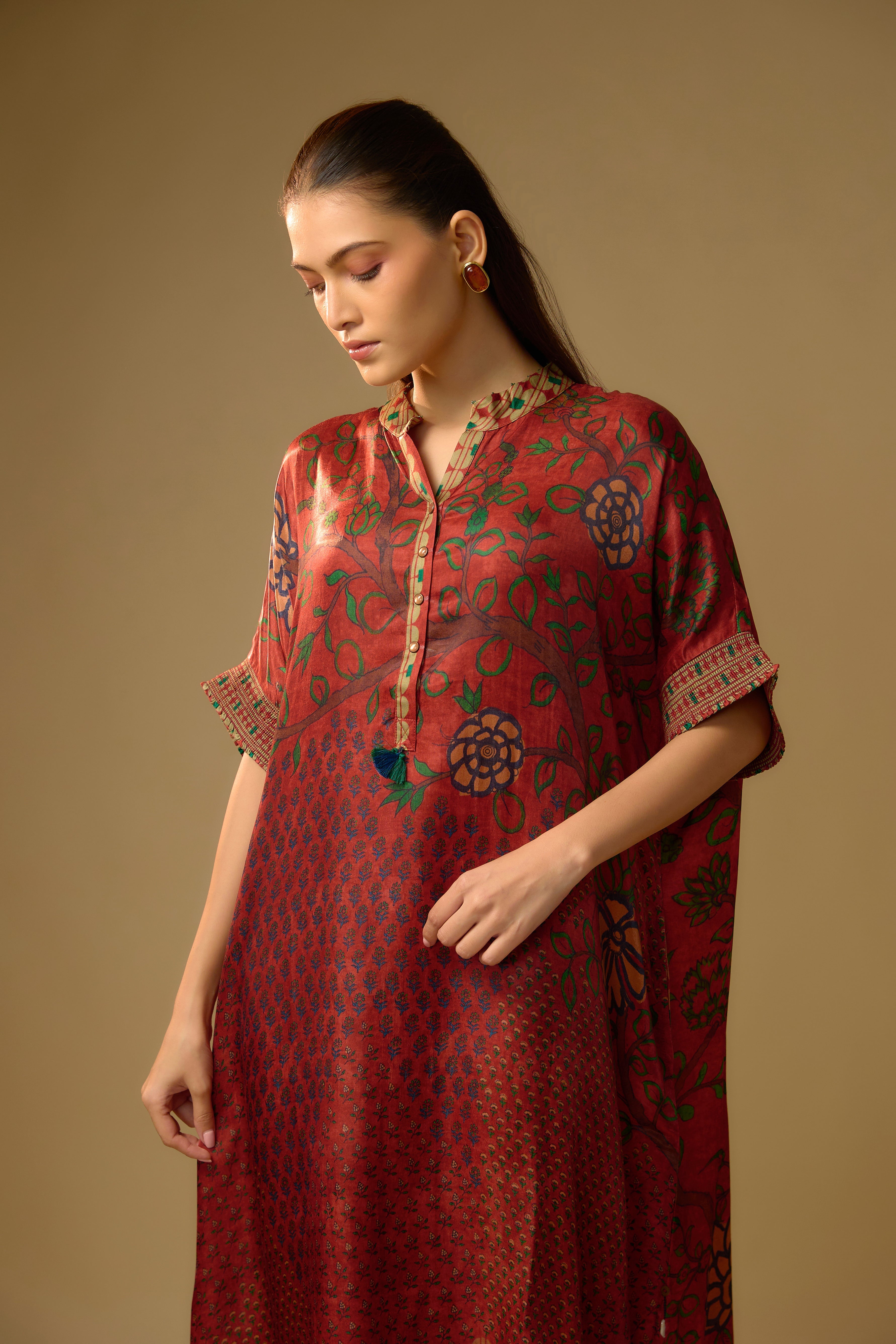 Red Printed Slub Cotton Silk Tunic Long Top