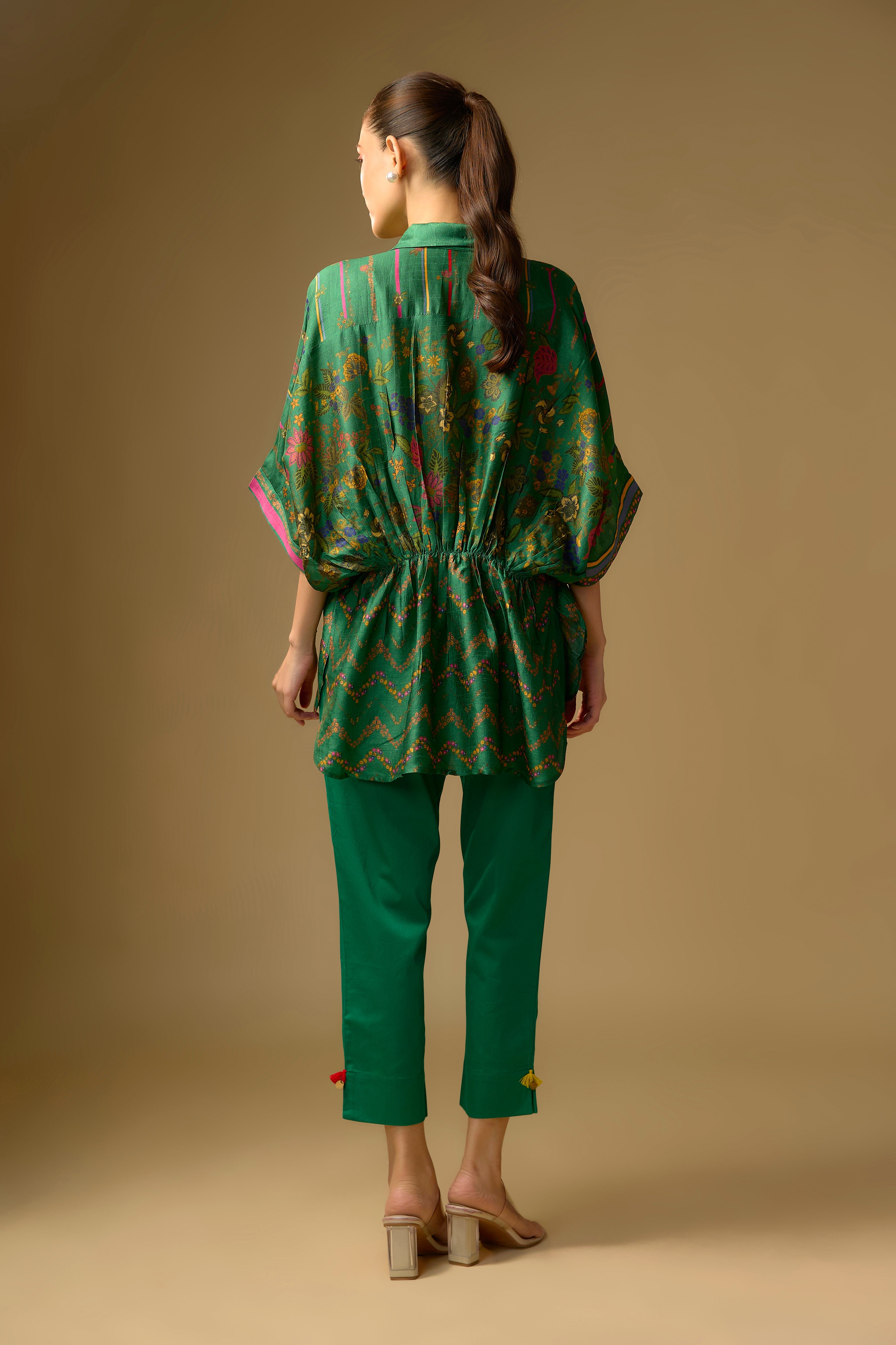 Bottle Green Printed Slub Cotton Silk Tunic Top