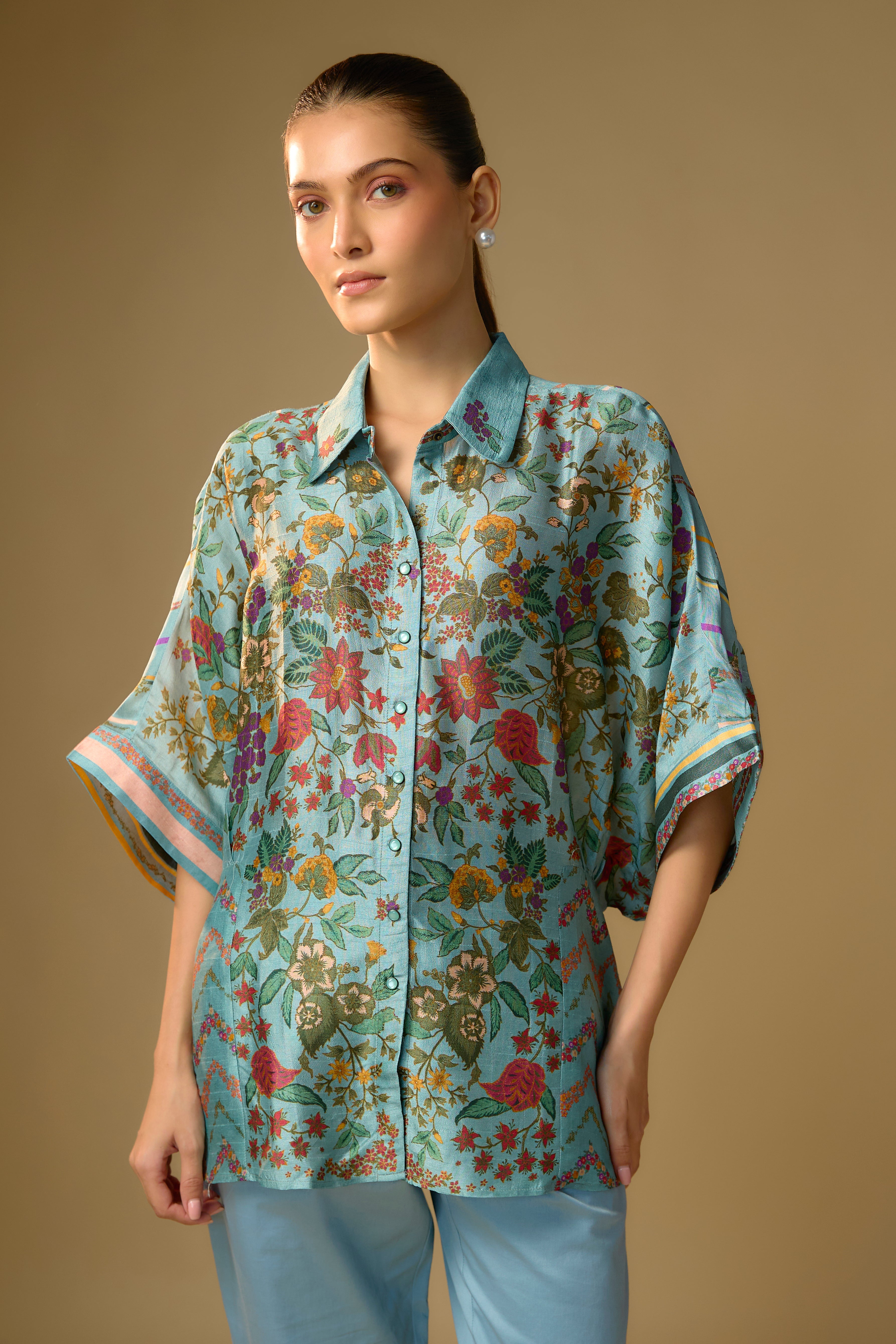 Light Blue Printed Slub Cotton Silk Tunic Top