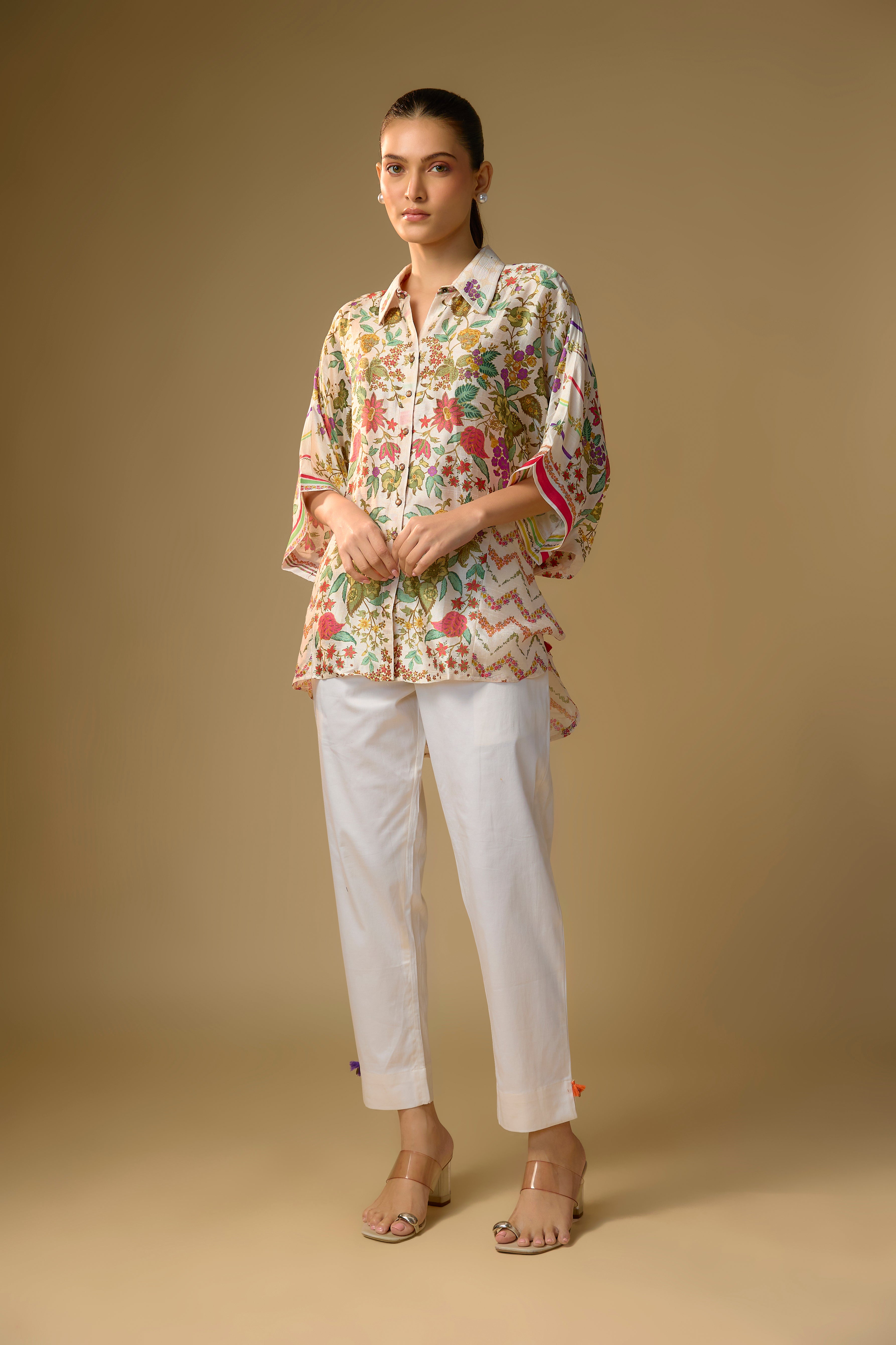 Ivory Printed Slub Cotton Silk Tunic Top