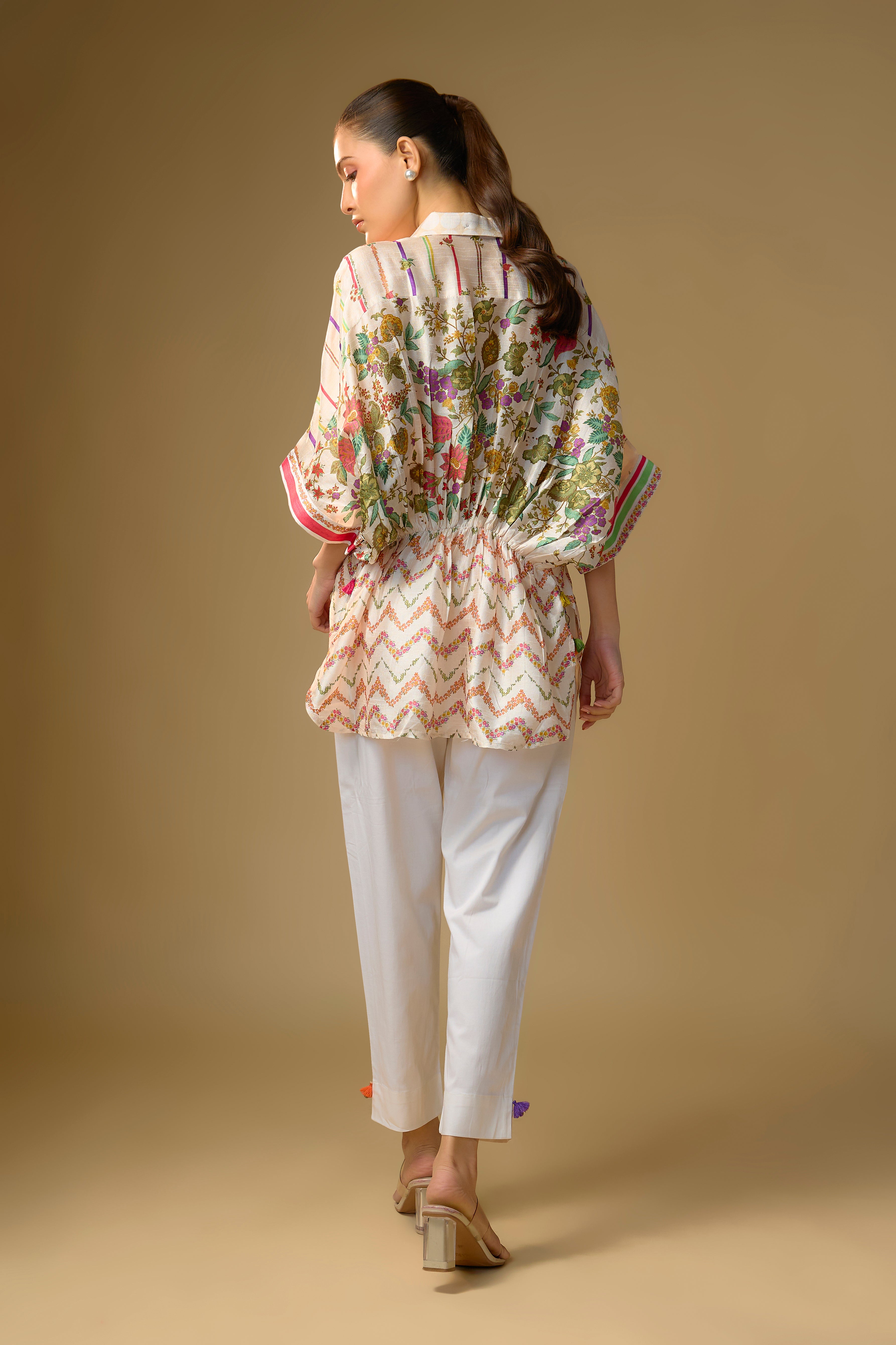 Ivory Printed Slub Cotton Silk Tunic Top