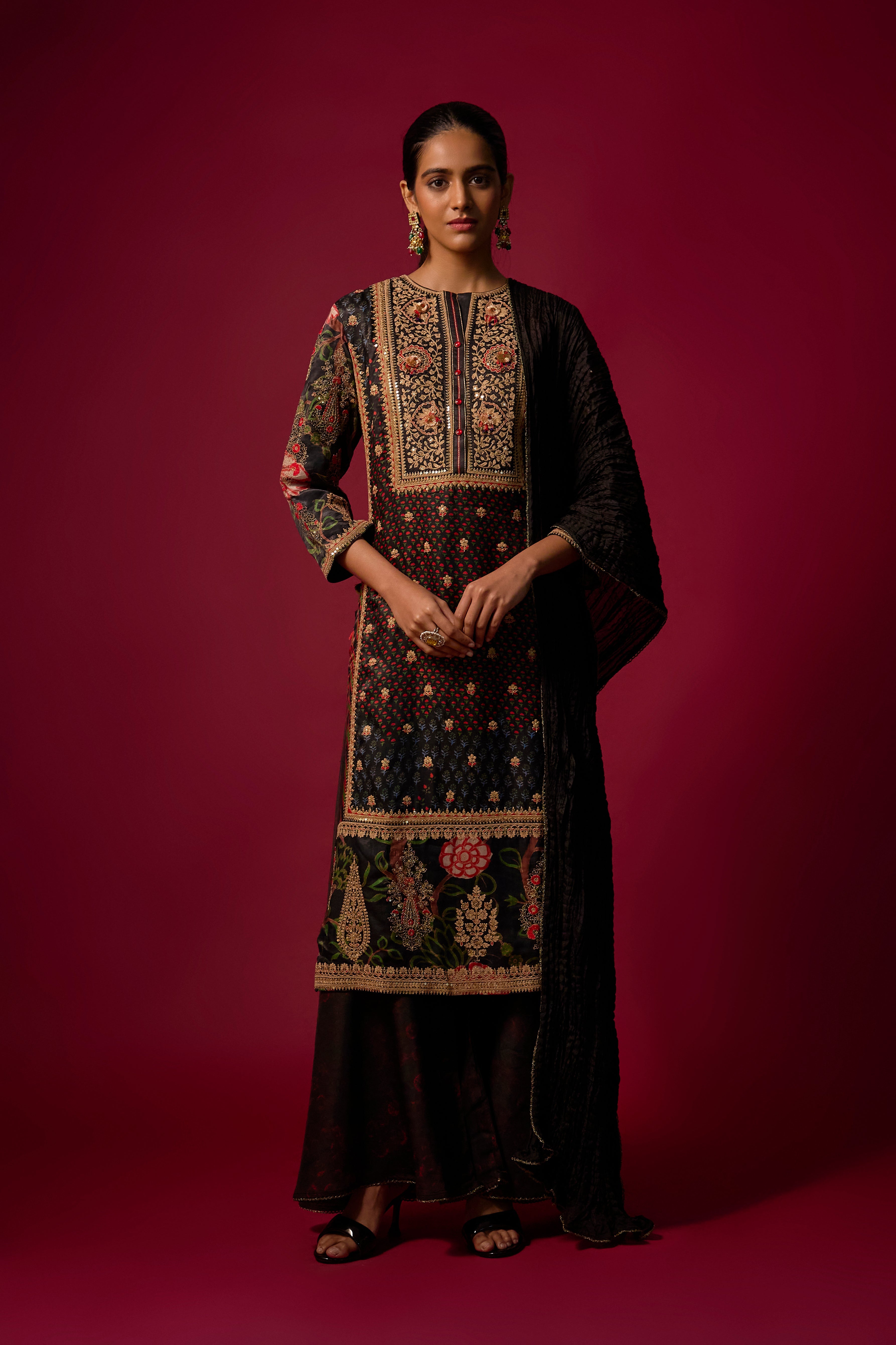 Soft Black Embellished Slub Silk Palazzo Set