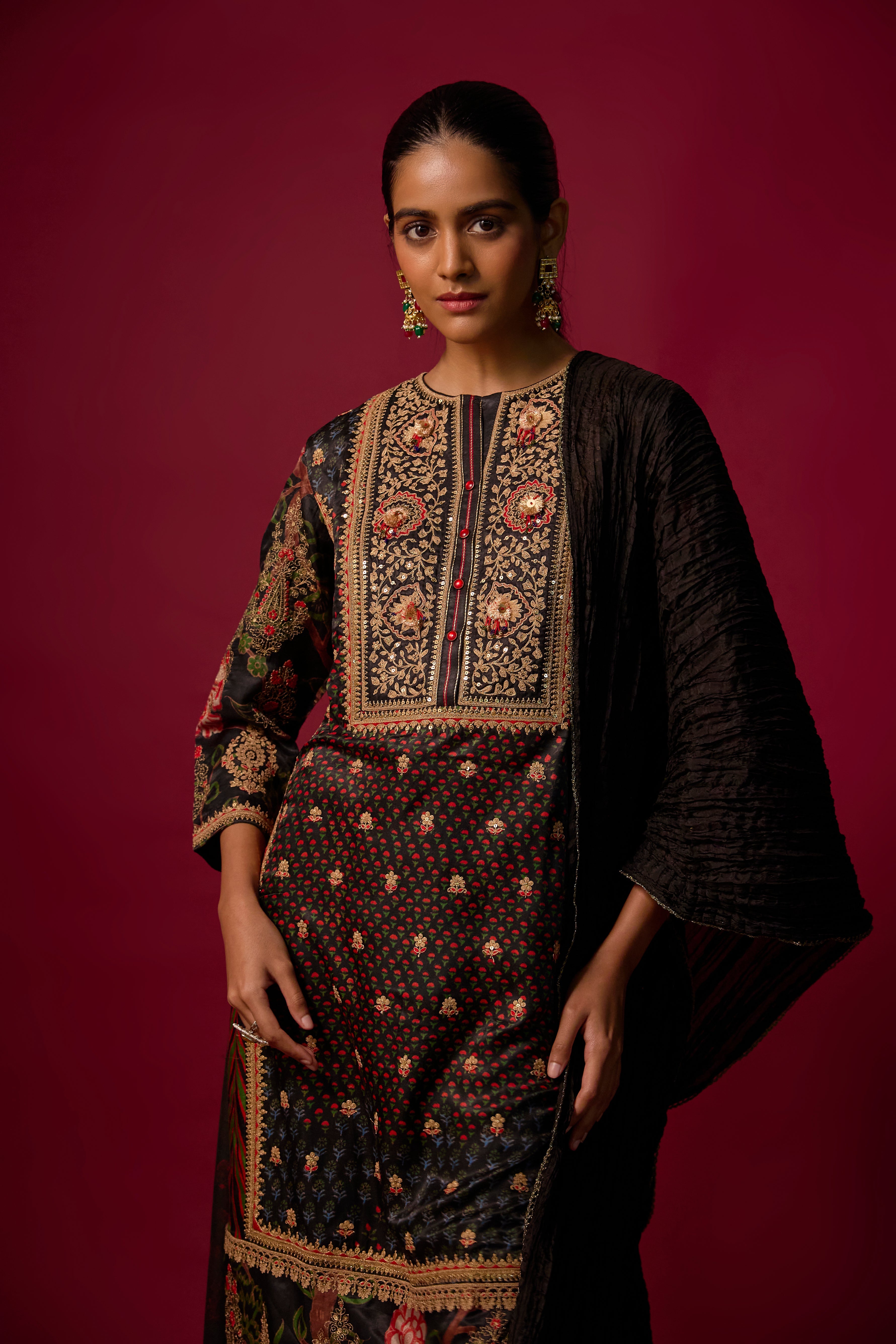 Soft Black Embellished Slub Silk Palazzo Set