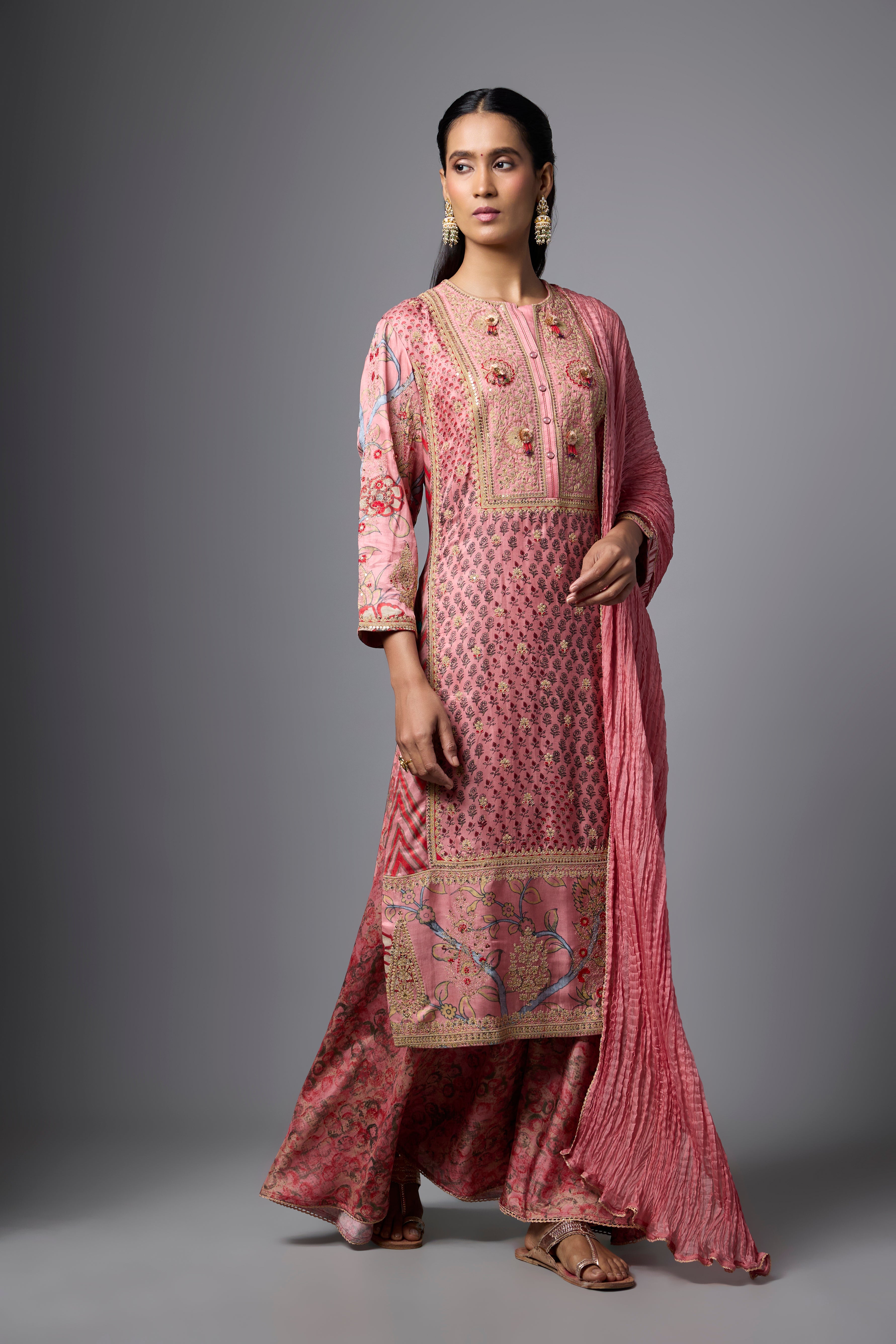 Blush Pink Embellished Slub Silk Palazzo Set