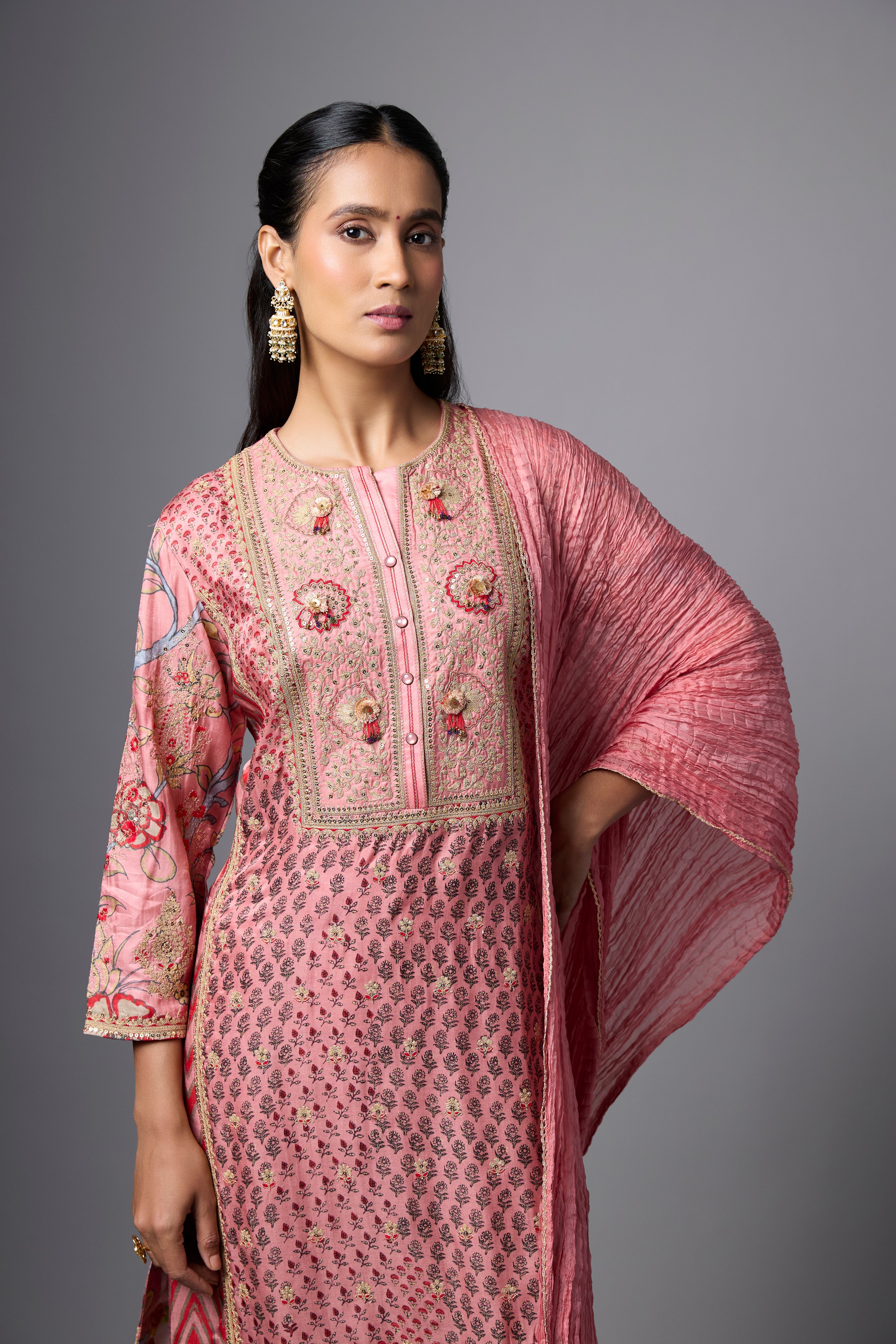 Blush Pink Embellished Slub Silk Palazzo Set