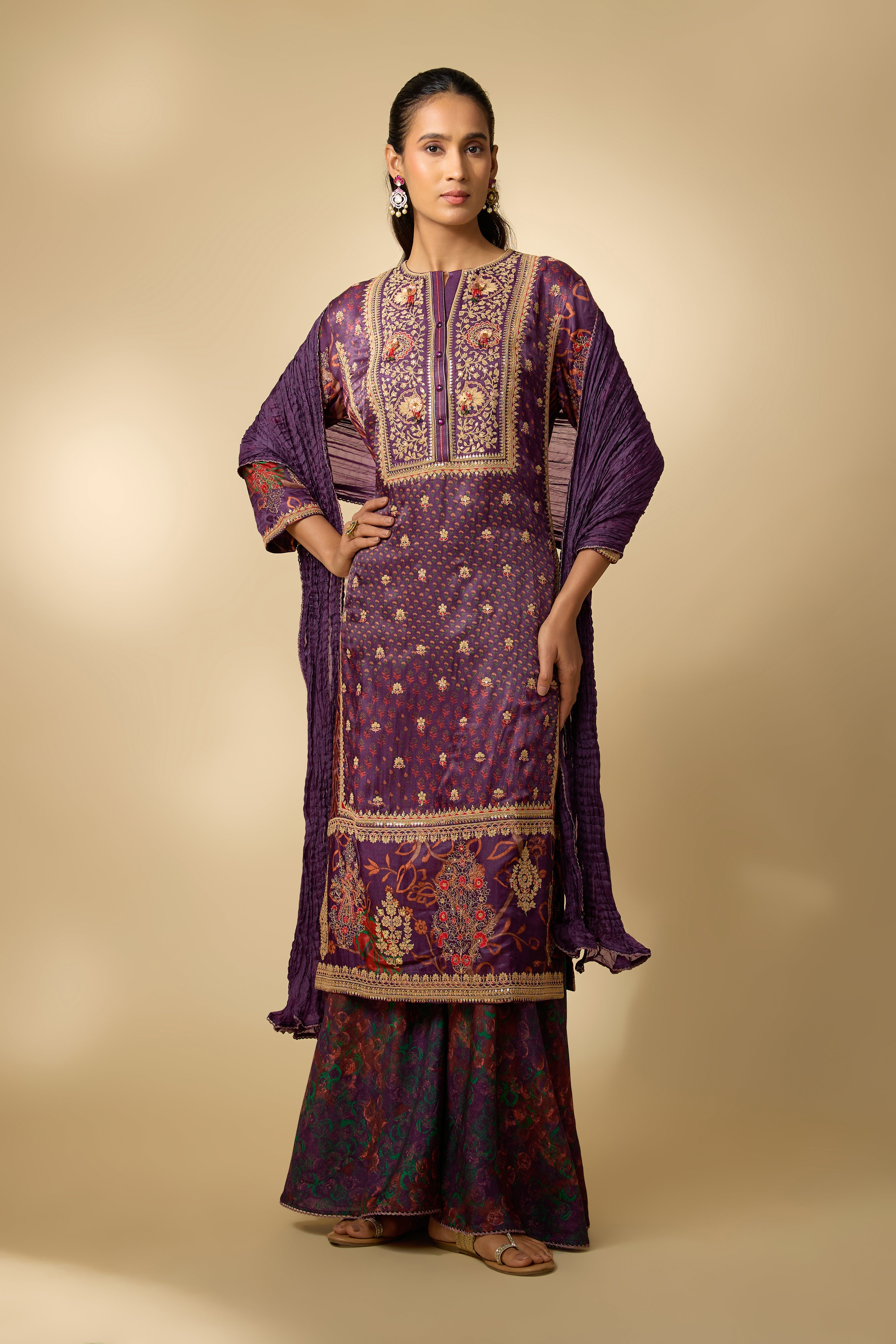 Purple Embellished Slub Silk Palazzo Set