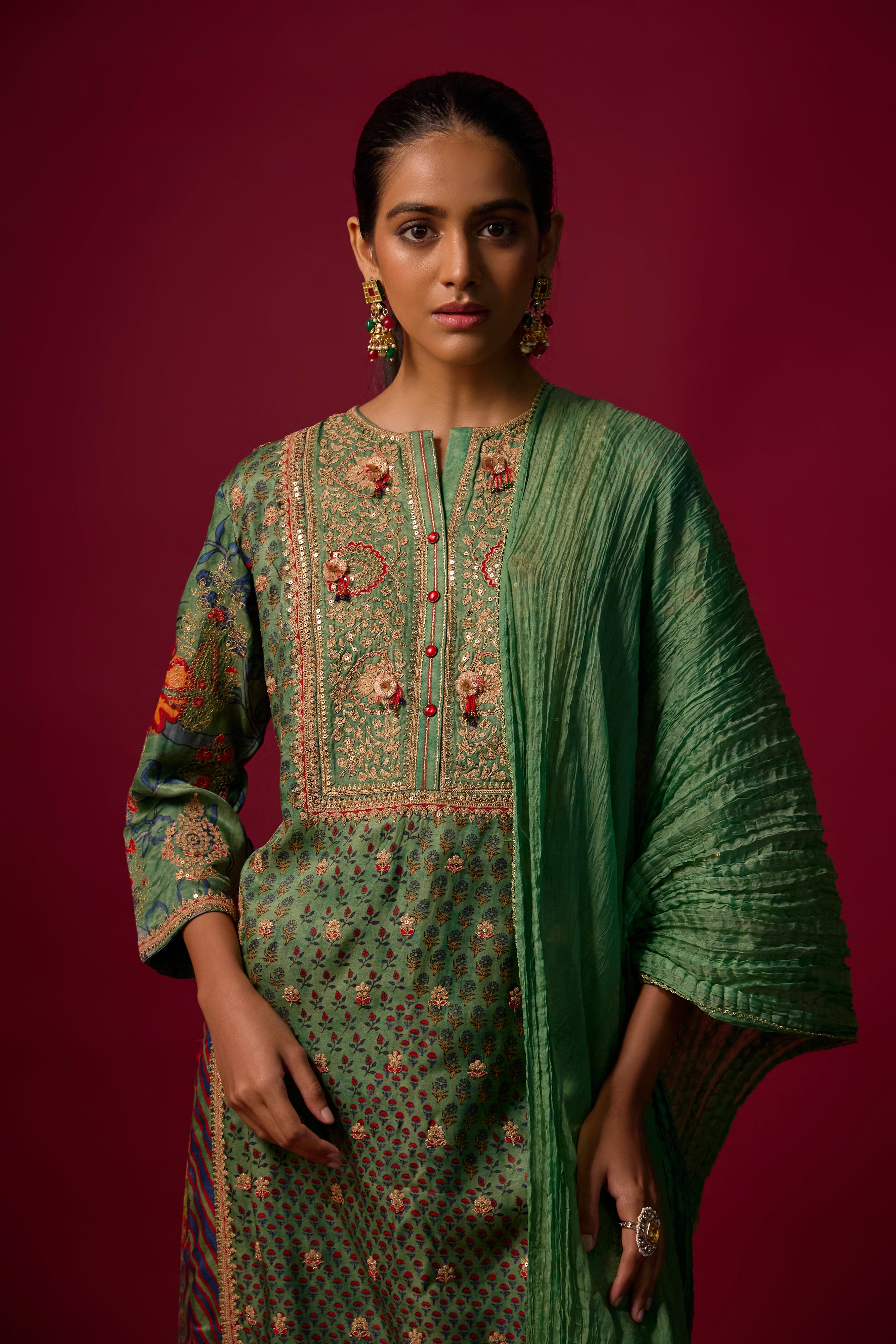 Rama Green Embellished Slub Silk Palazzo Set
