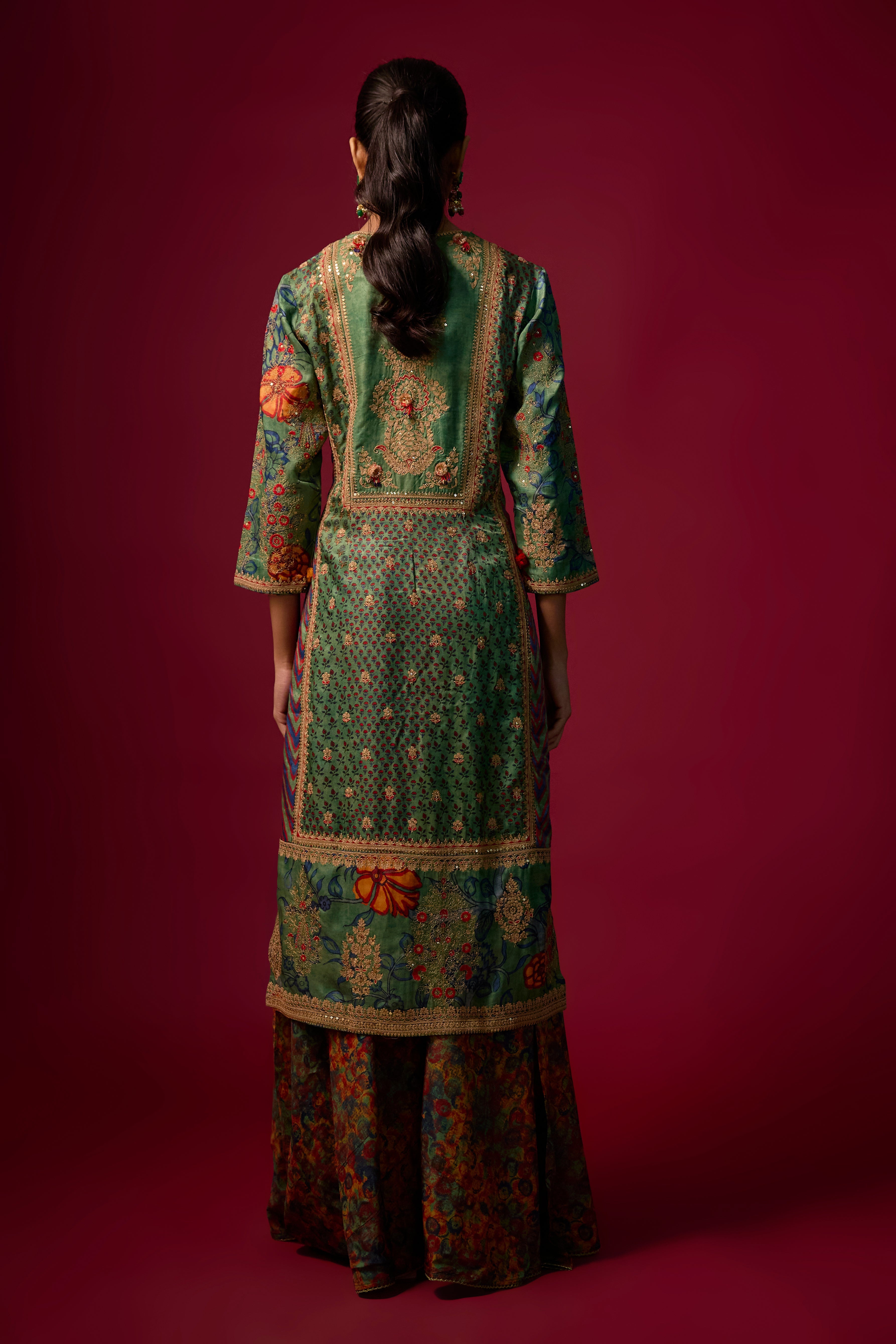 Rama Green Embellished Slub Silk Palazzo Set