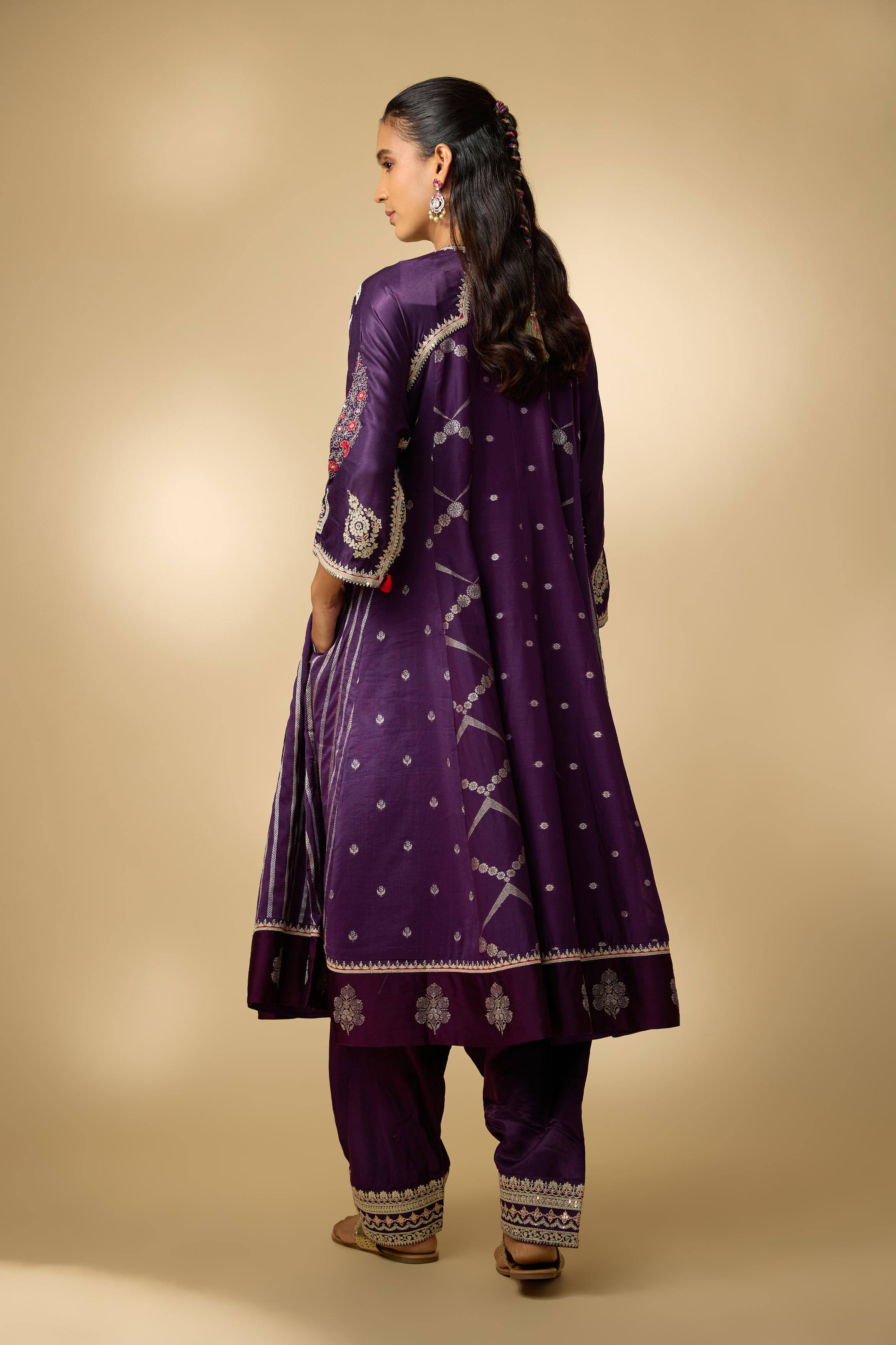 Purple Embellished Cotton Linen Anarkali Set