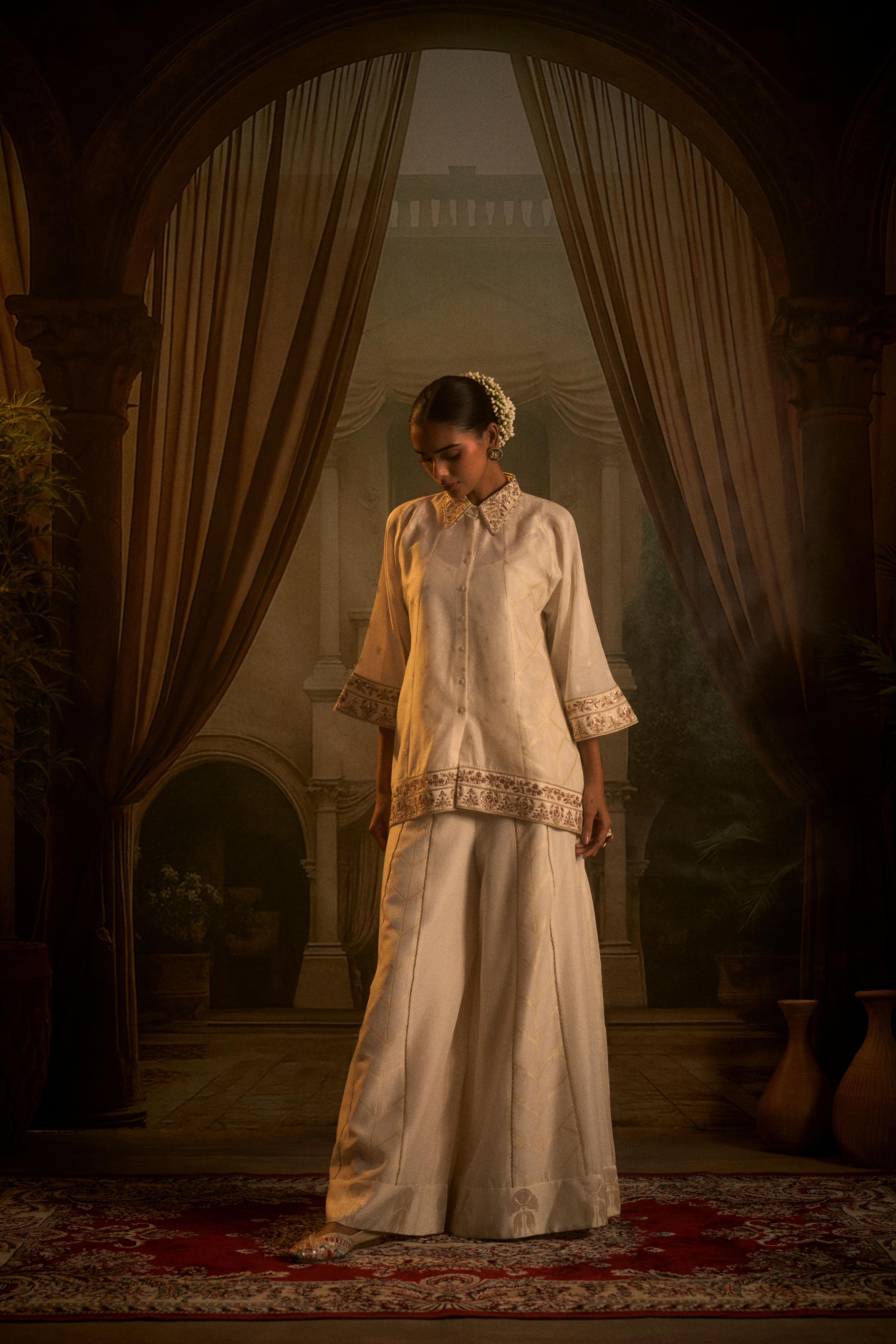 Ivory Embellished Slub Cotton Silk Co-Ord Set