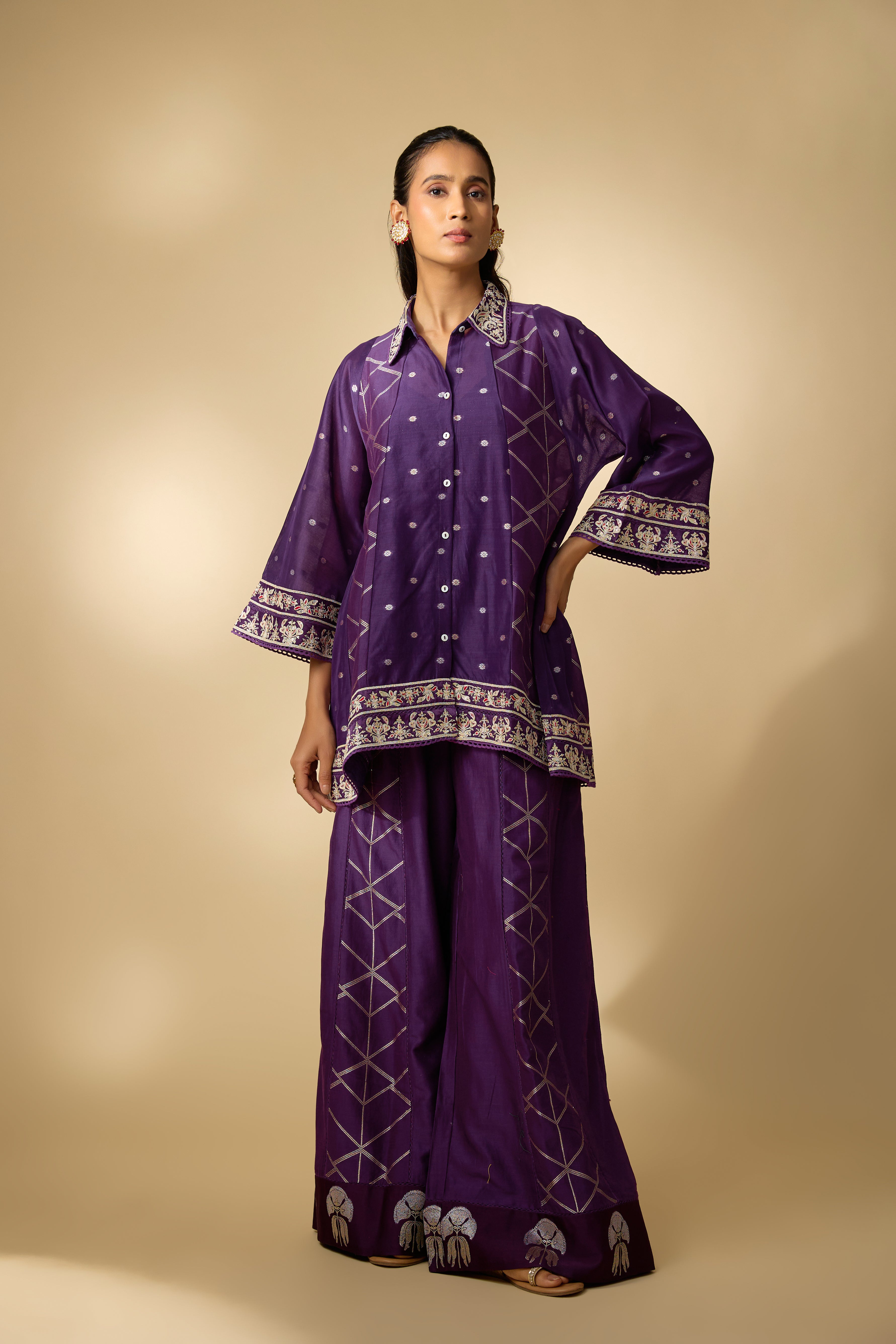 Hot Purple Embellished Slub Cotton Silk Co-Ord Set