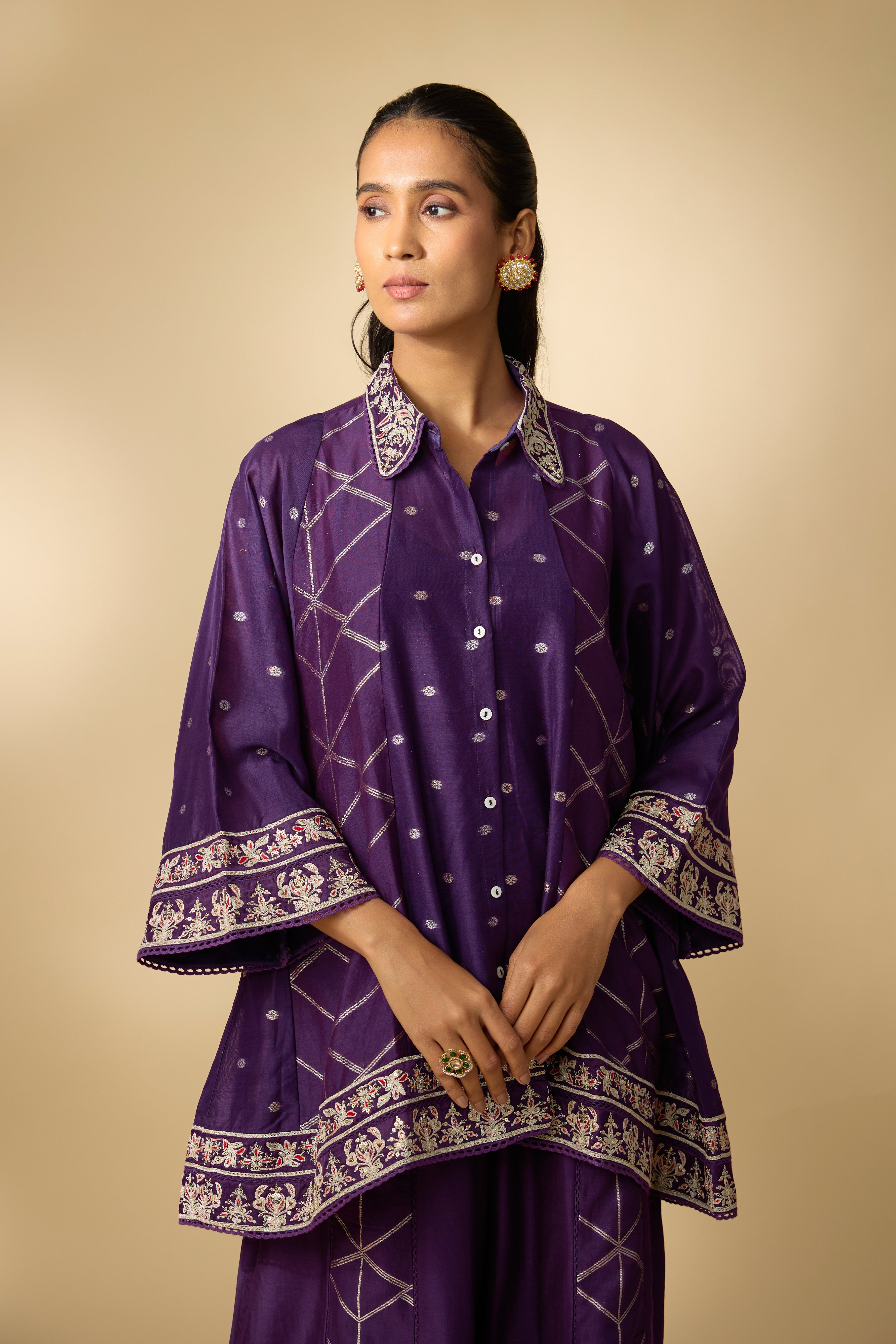 Hot Purple Embellished Slub Cotton Silk Co-Ord Set