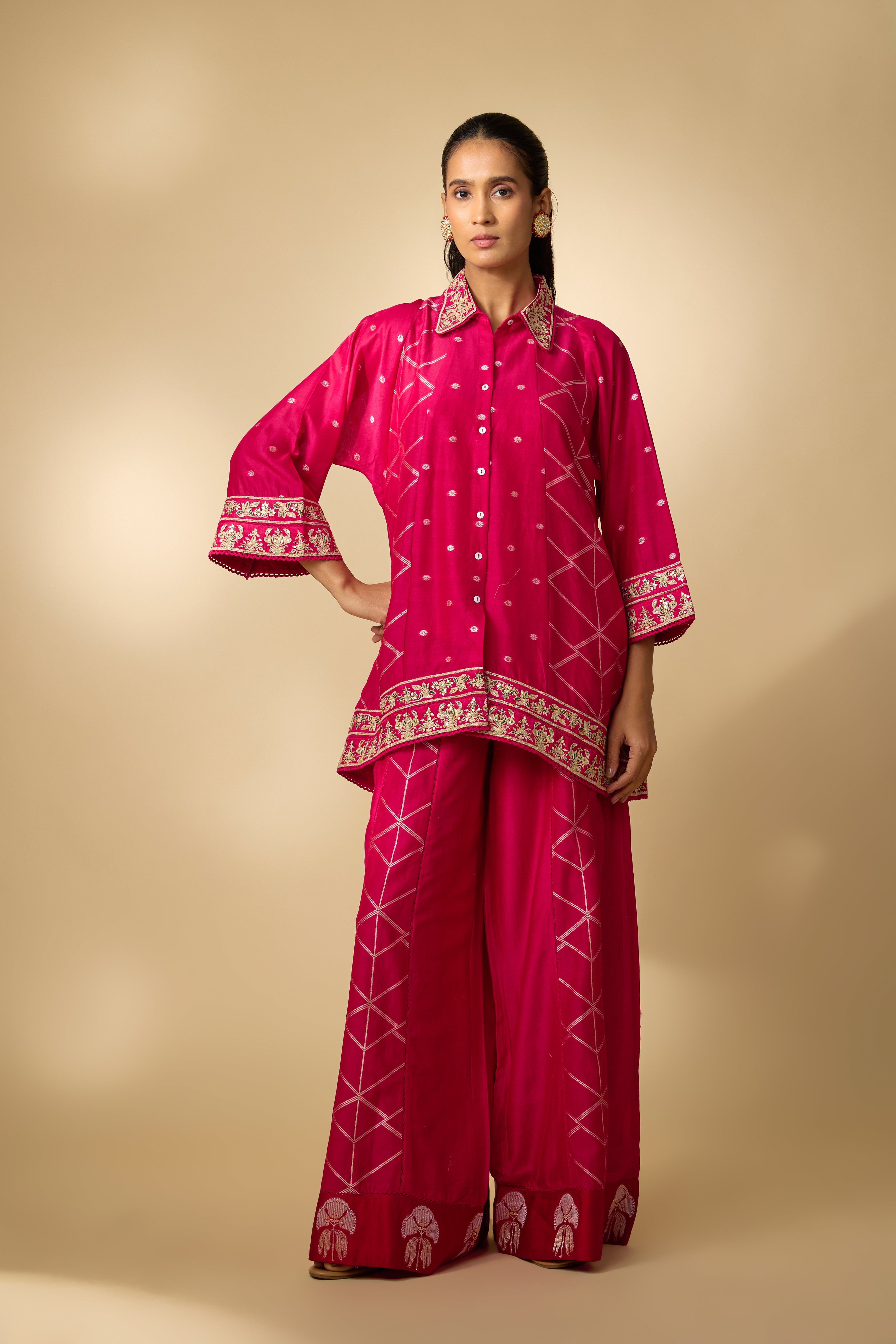 Rani Pink  Embellished Slub Cotton Silk Co-Ord Set