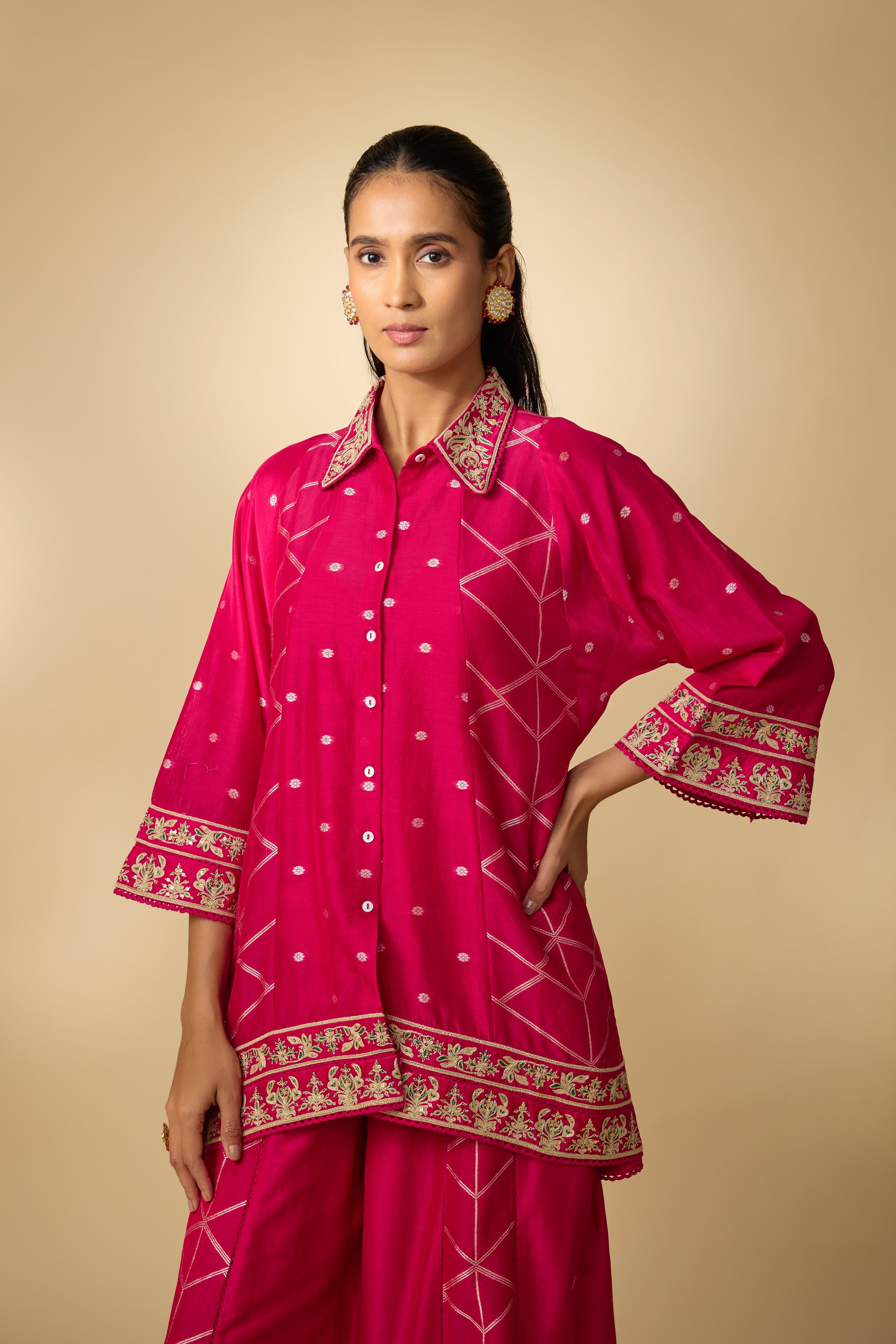 Rani Pink  Embellished Slub Cotton Silk Co-Ord Set