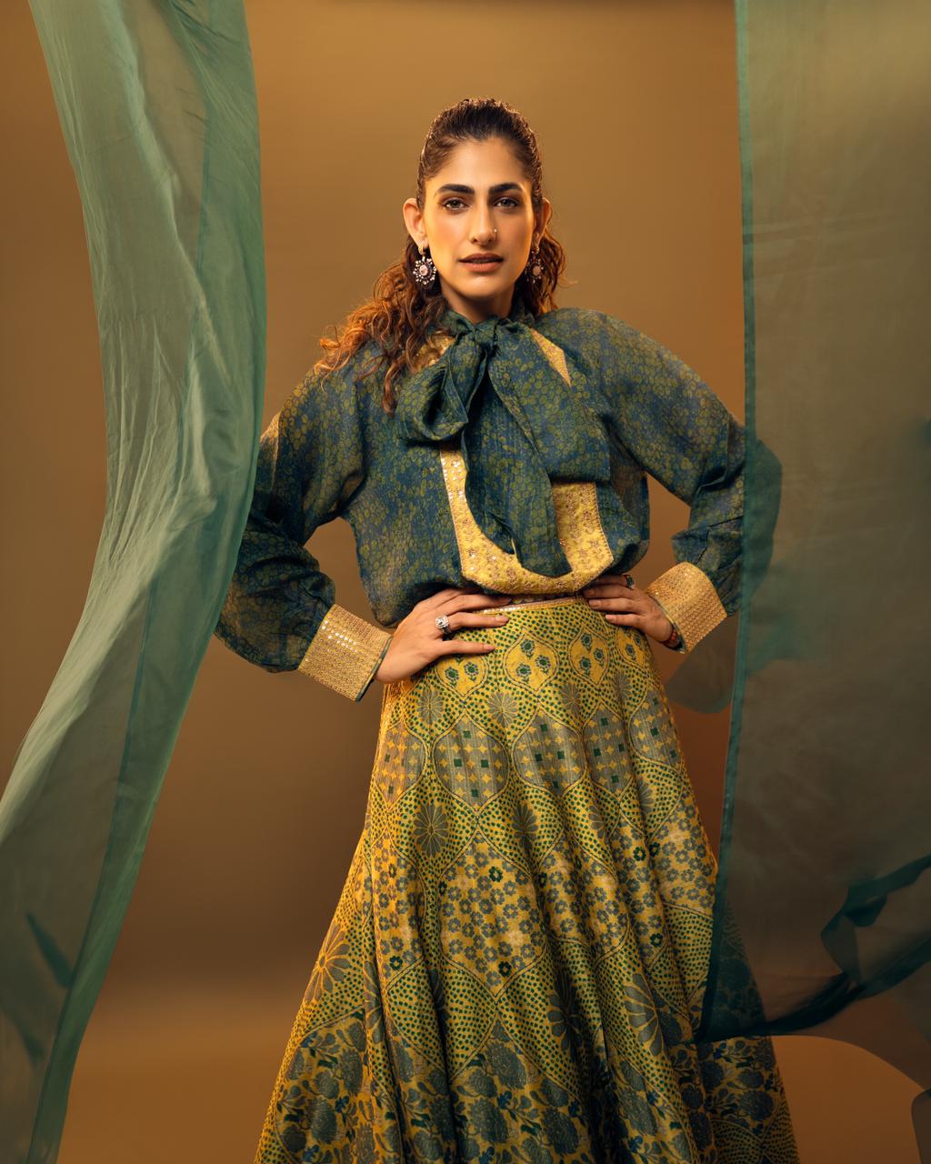 Sunflower Printed Crepe Silk Skirt Set