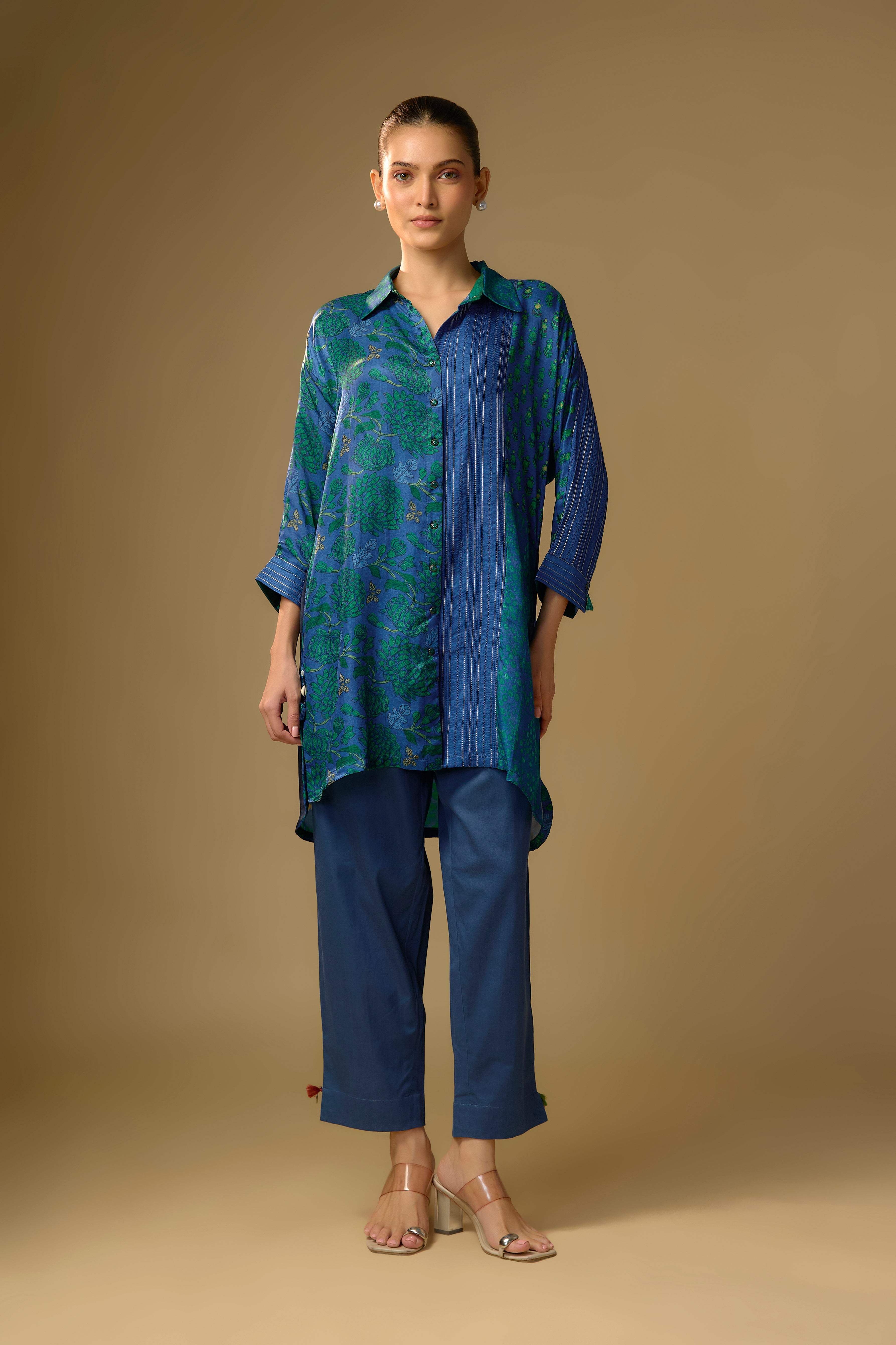 Summer Blue Printed Slub Cotton Silk Tunic Top