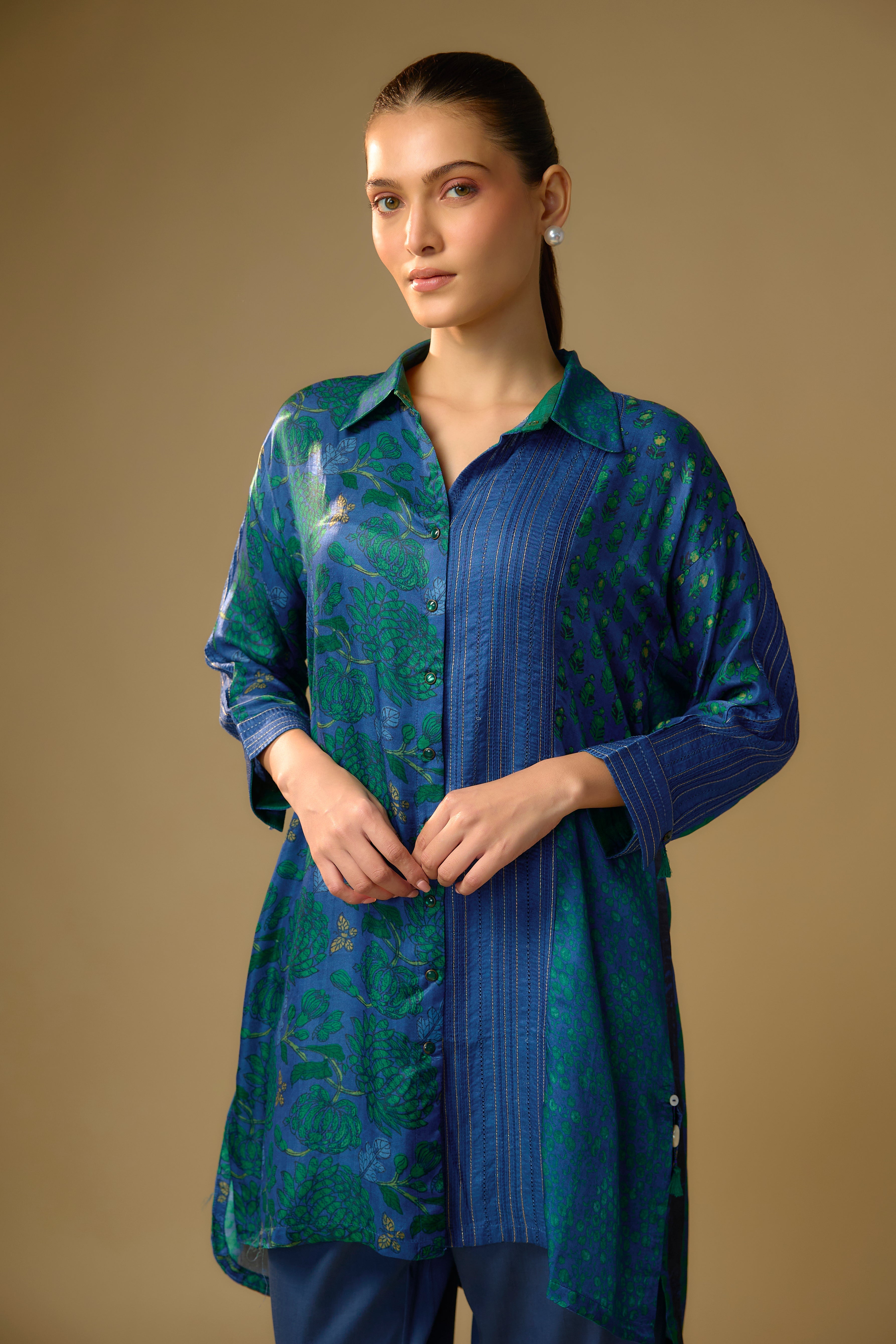 Summer Blue Printed Slub Cotton Silk Tunic Top