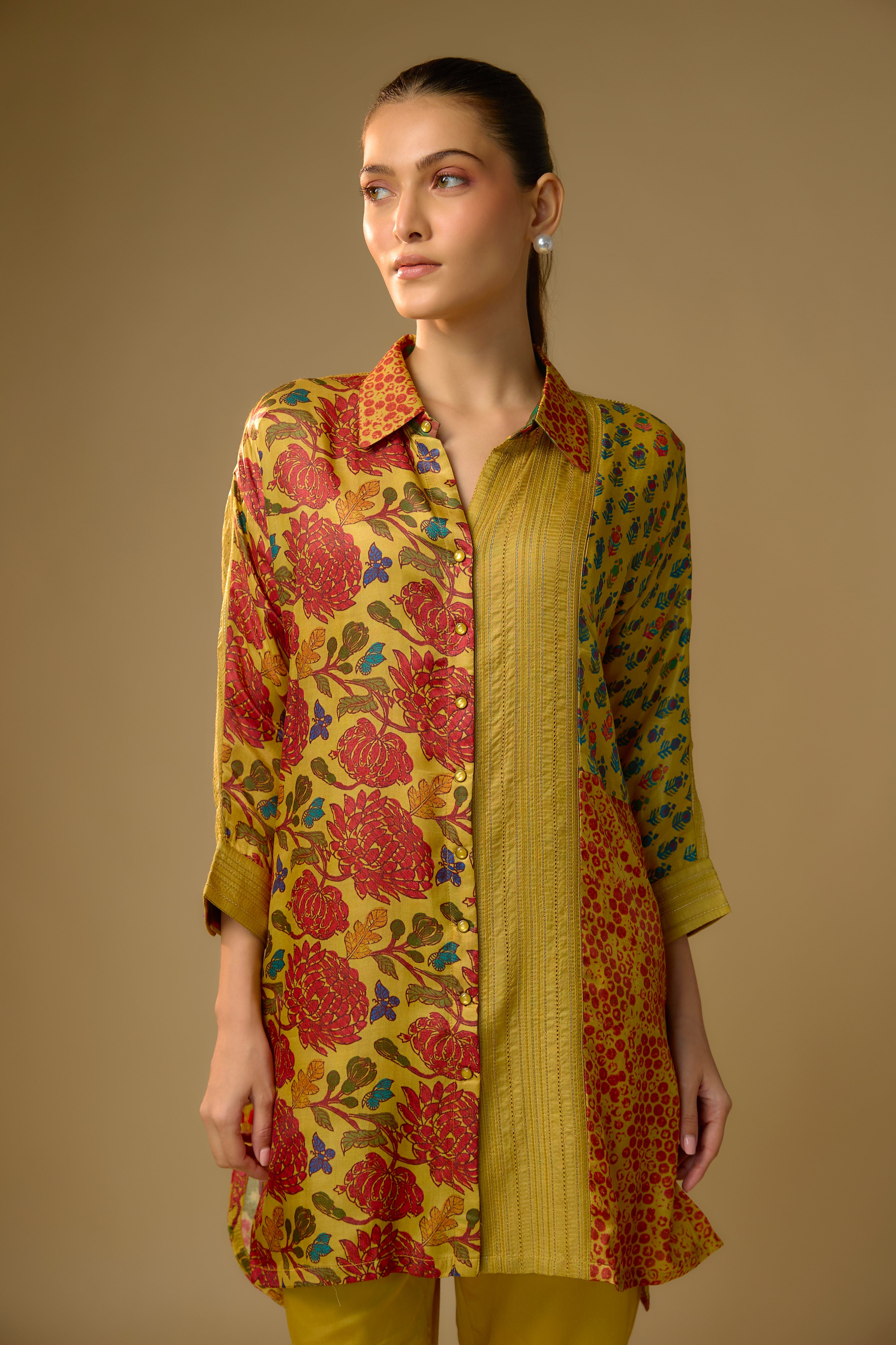 Summer Yellow Printed Slub Cotton Silk Tunic Top