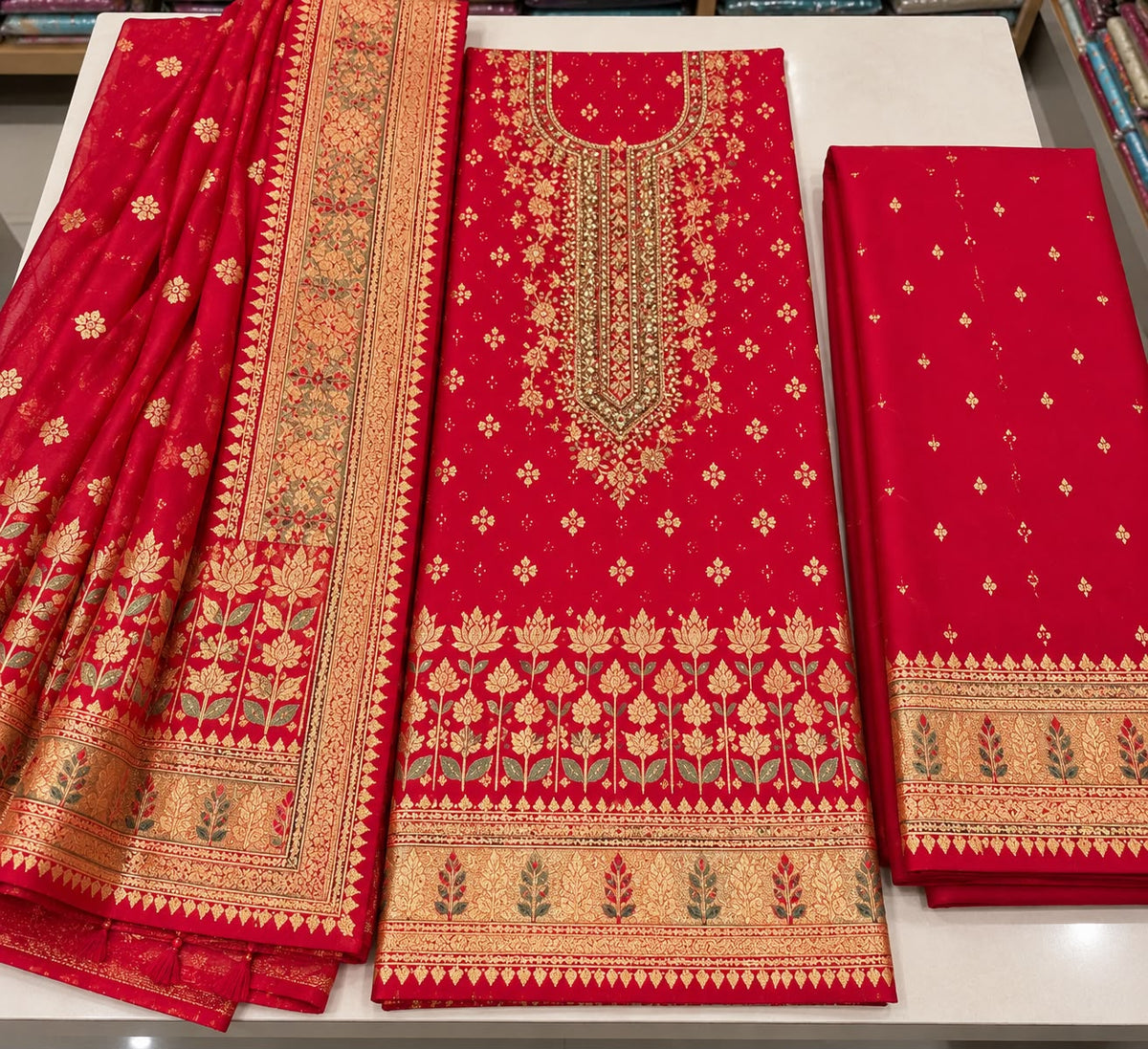 Magenta Red Embellished Viscose Silk Unstitched Suit Set