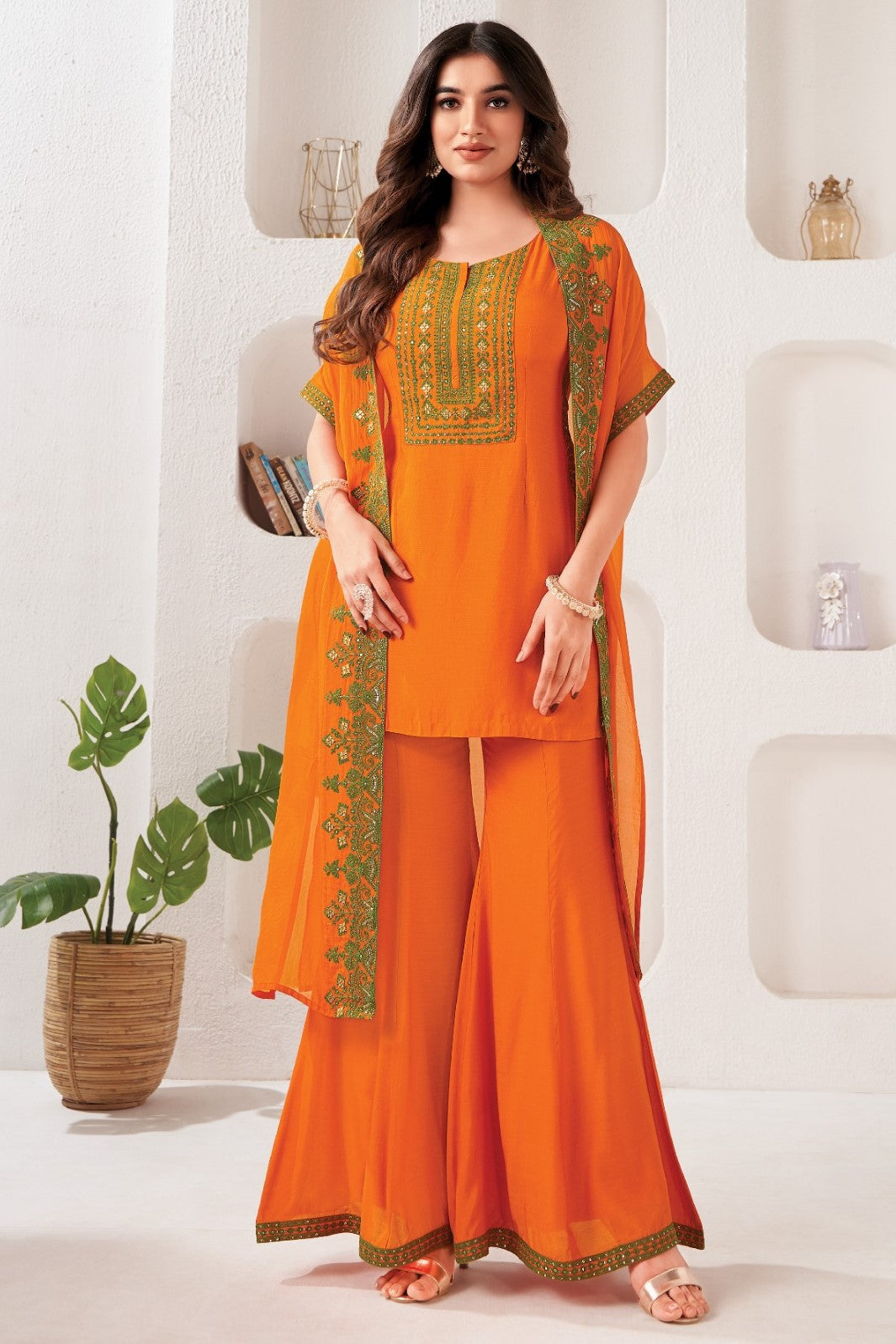 Warm Orange Hand Embroidered Georgette Silk Cape Set