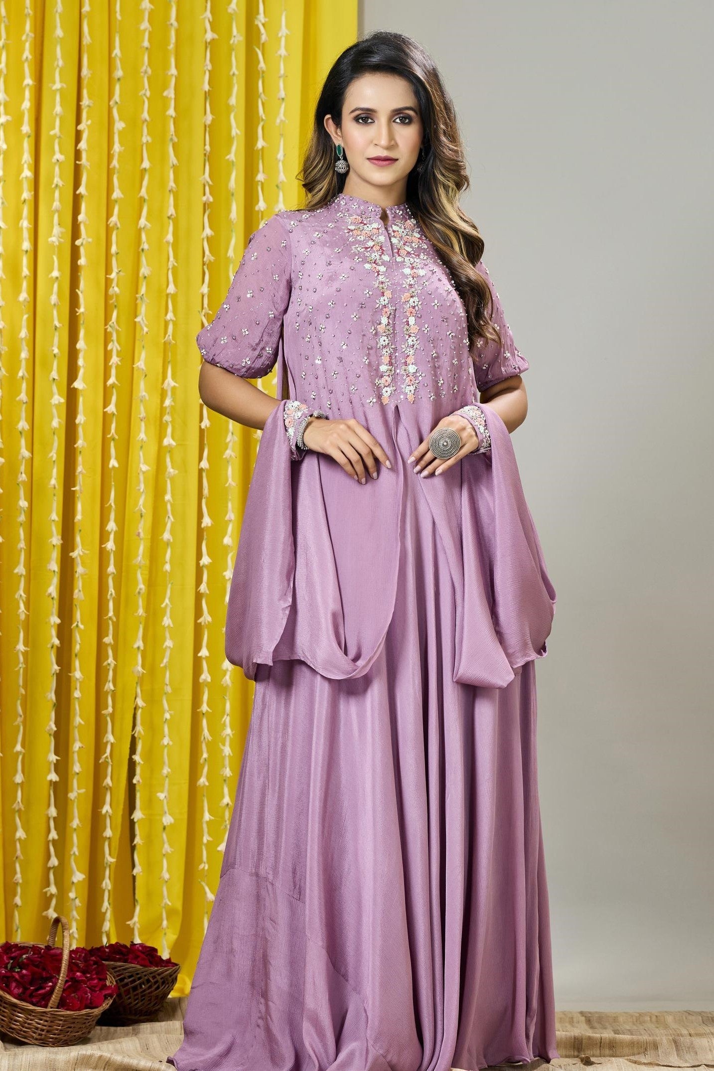 Lilac Embellished Premium Chinon Silk Gown