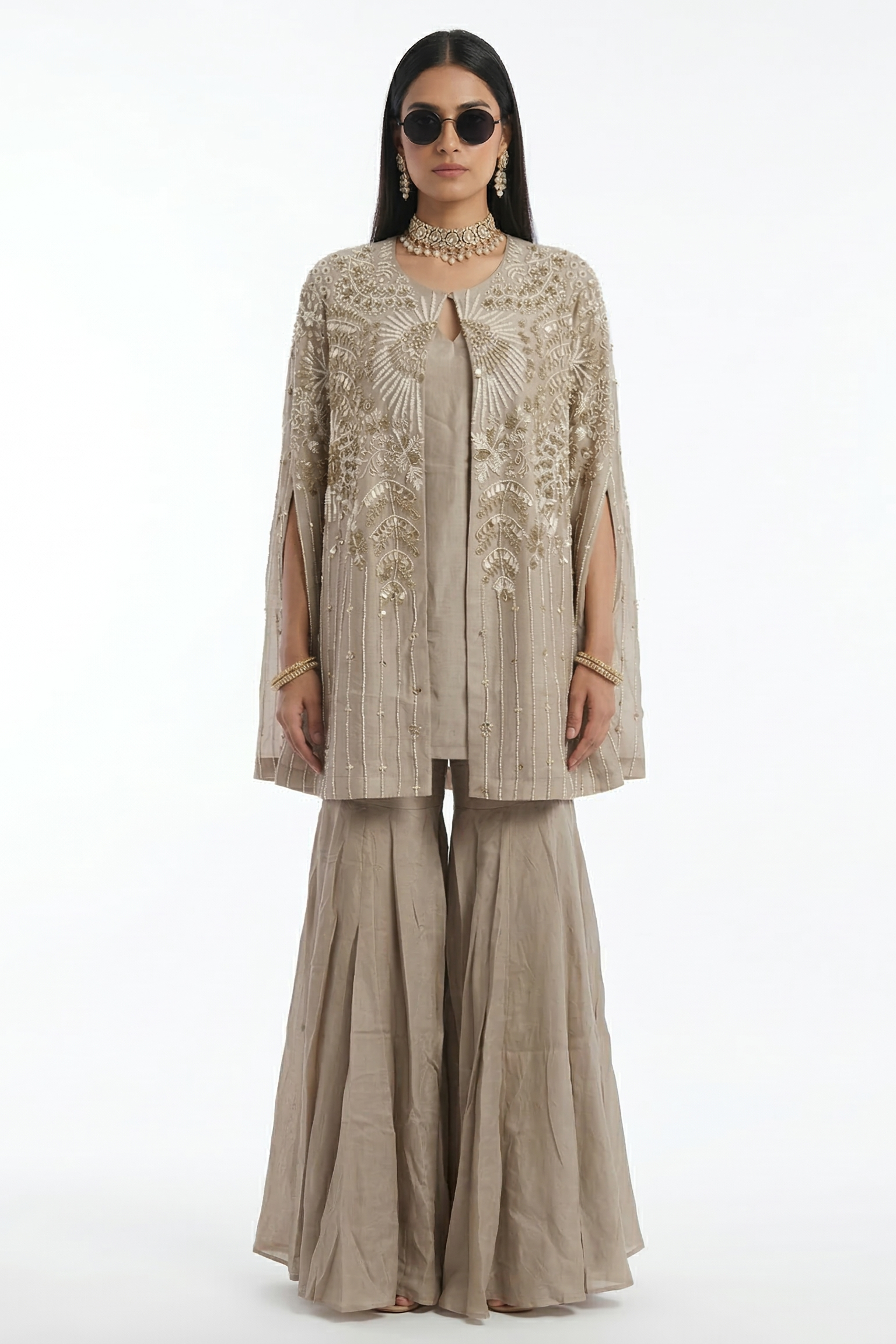 Grey Pearl Embellished Crepe Silk Sharara Set