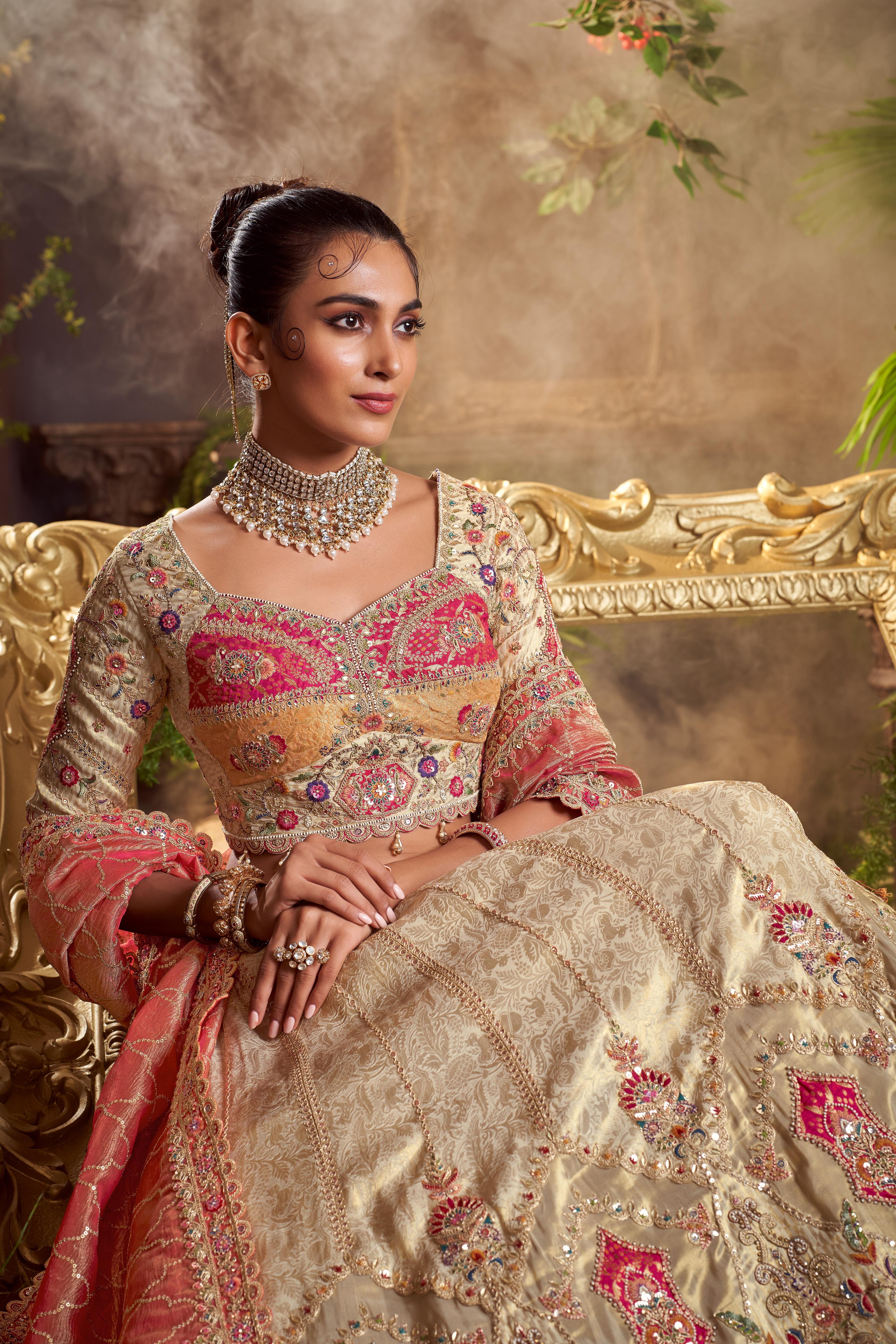 Cream White Embellished Premium Silk Lehenga Set