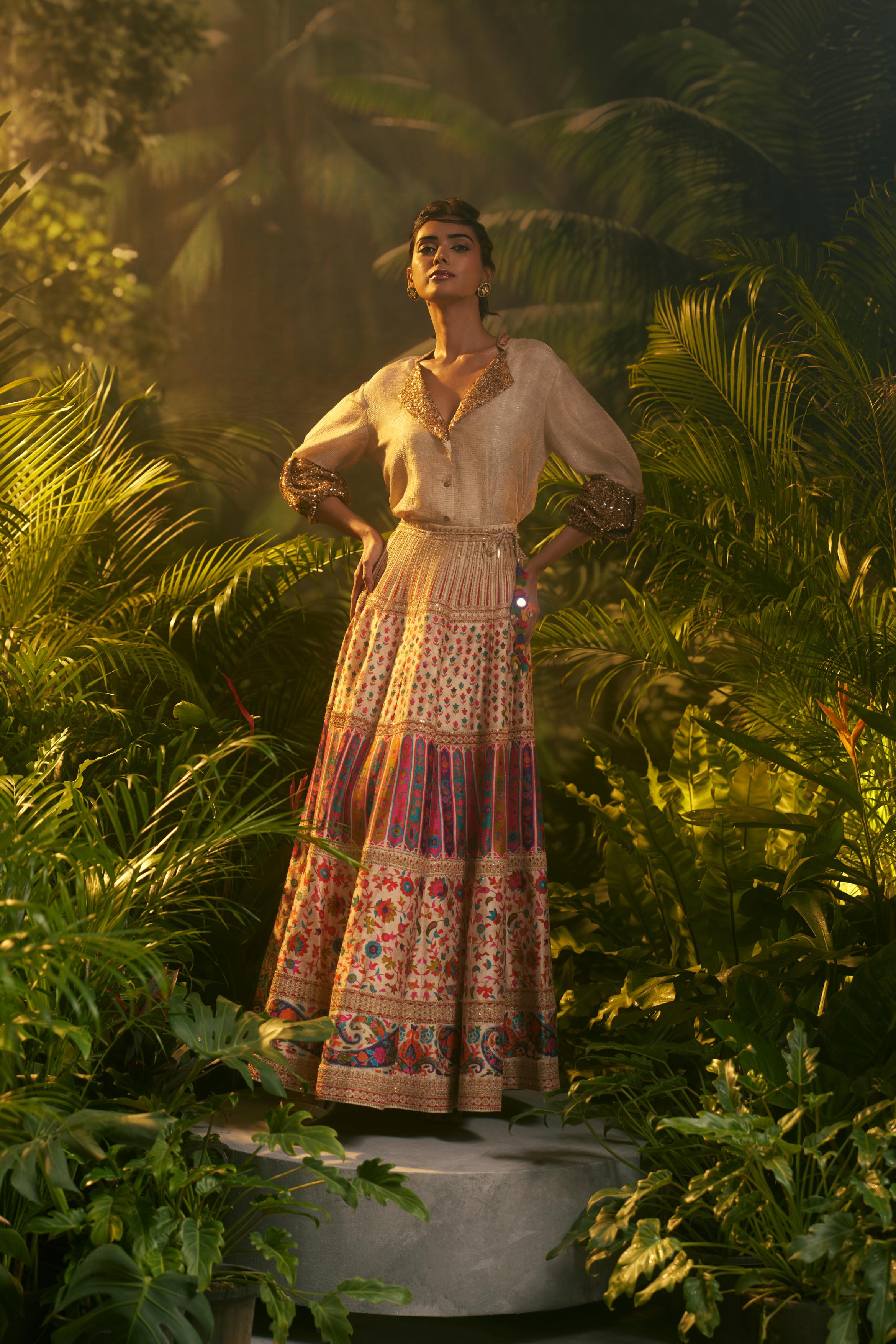 Ivory Printed Slub Cotton Silk Tunic Skirt Set