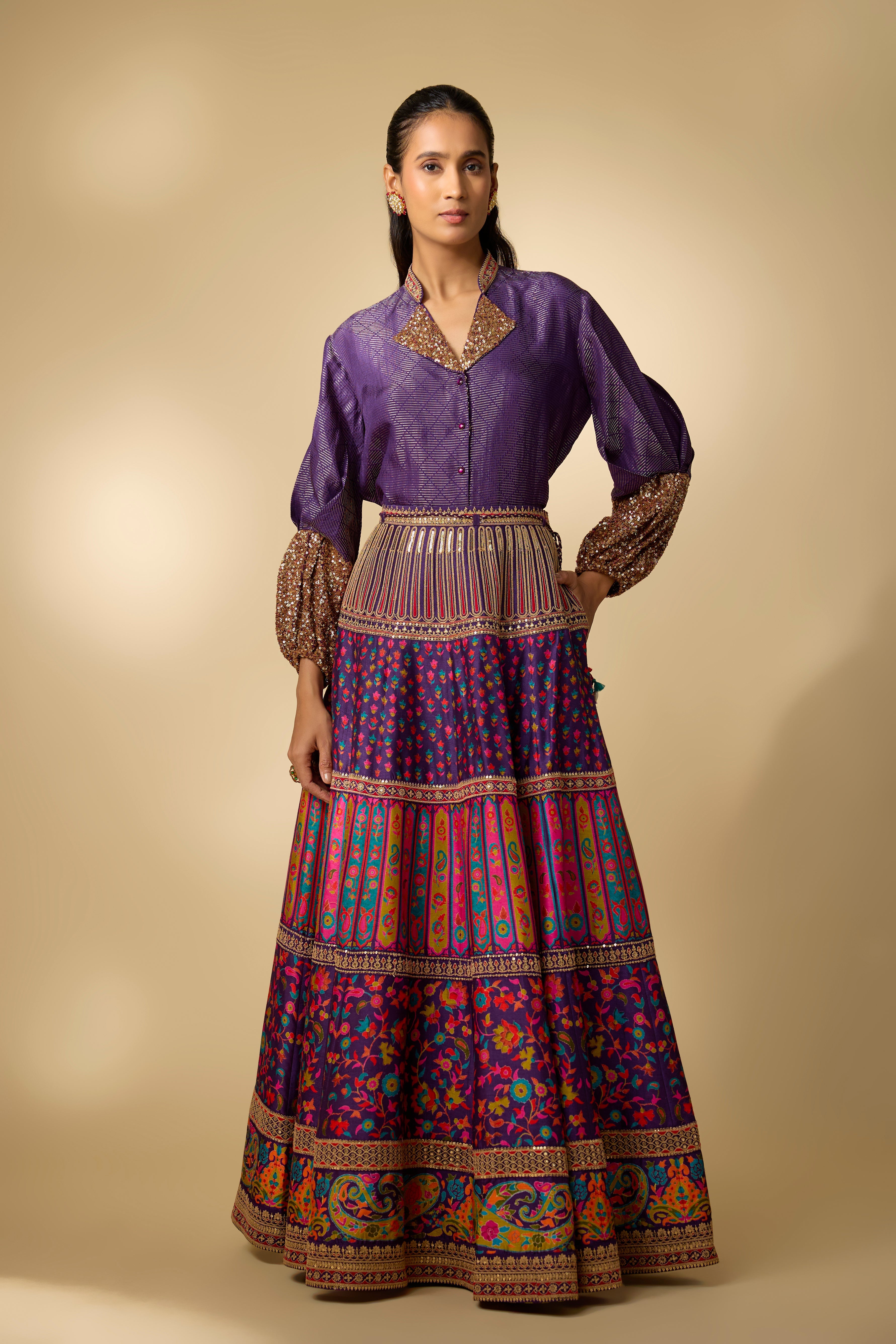 Blue Printed Slub Cotton Silk Tunic Skirt Set