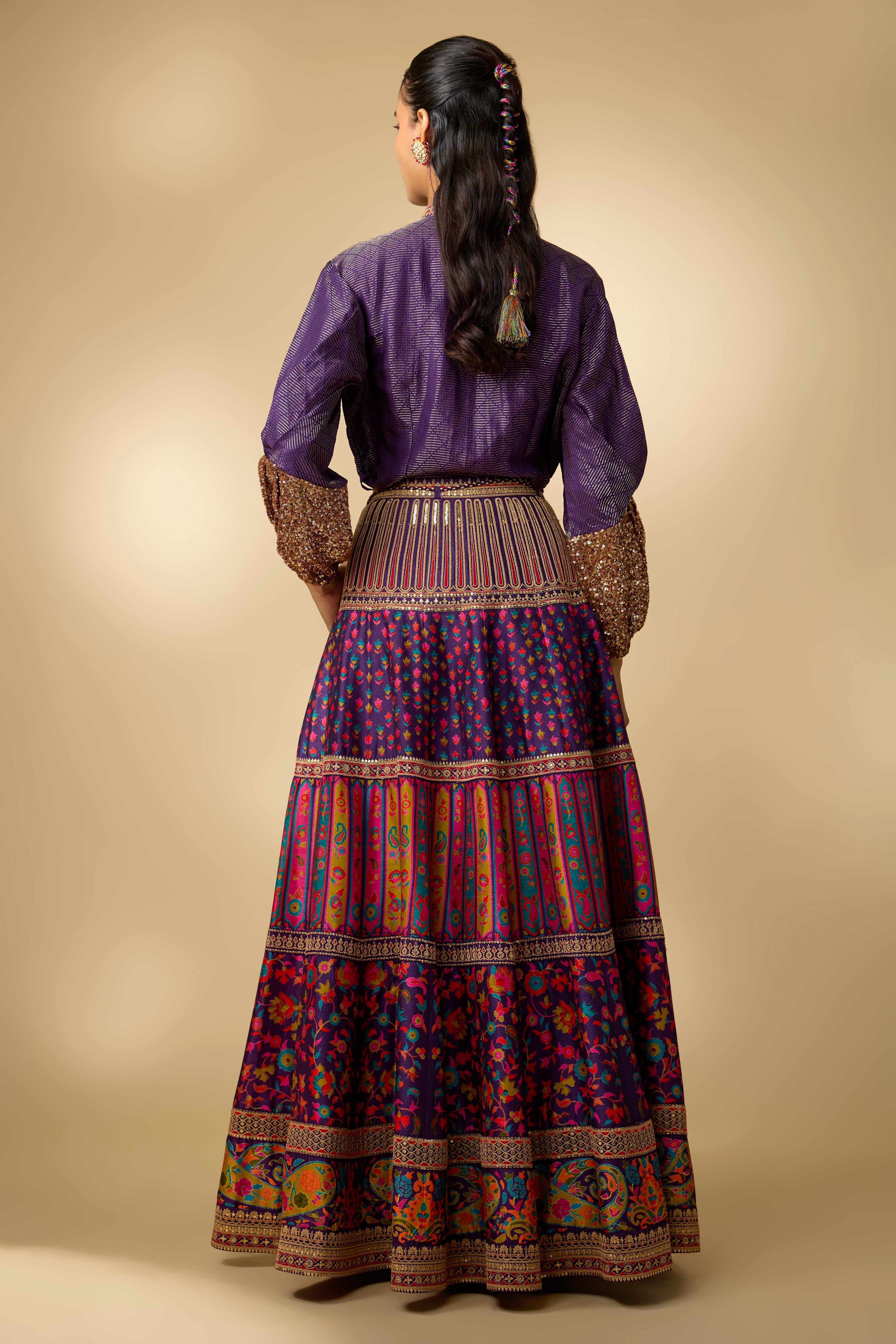 Blue Printed Slub Cotton Silk Tunic Skirt Set