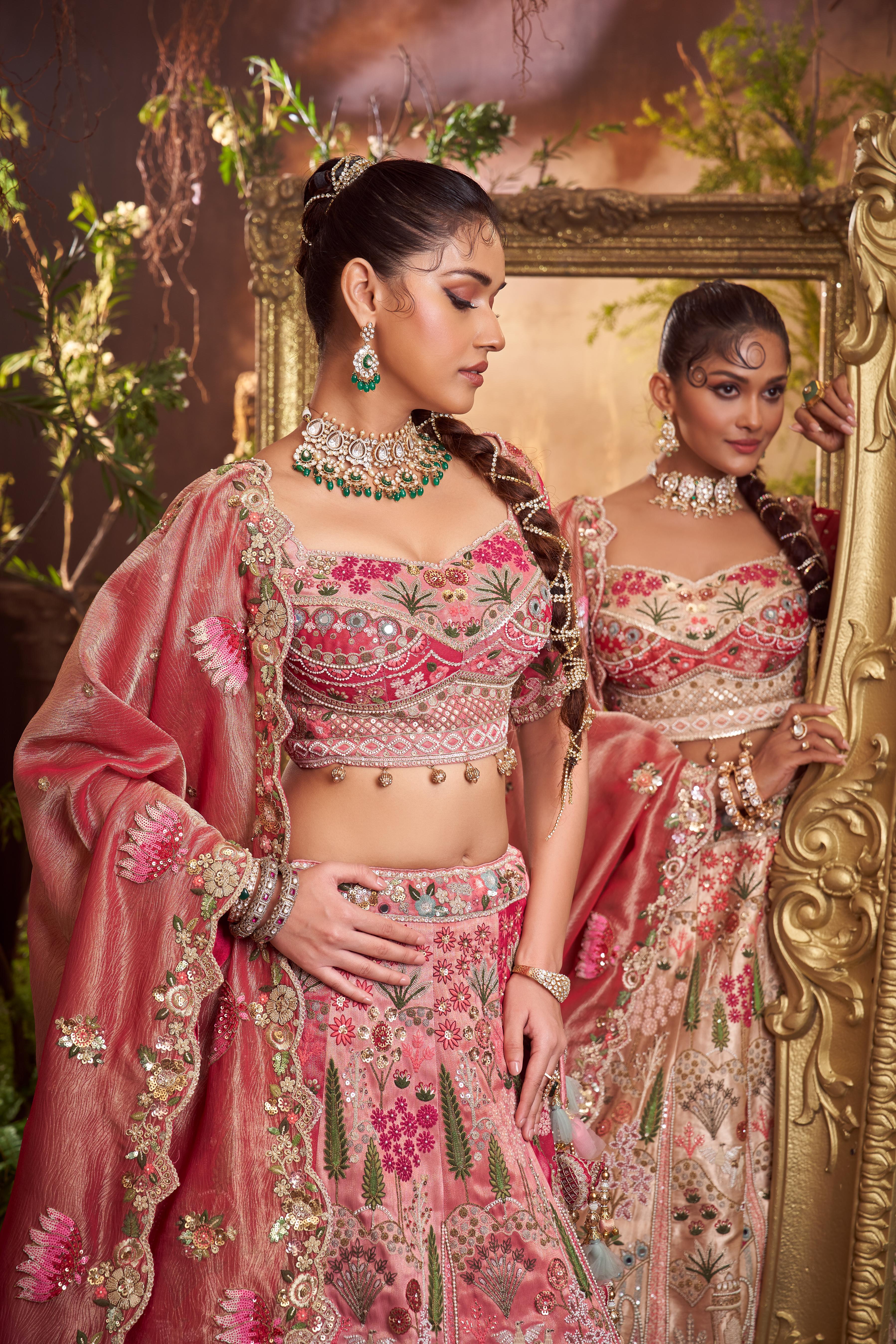 Deep Rose Pink Embellished Shimmer Tissue Silk Lehenga Set