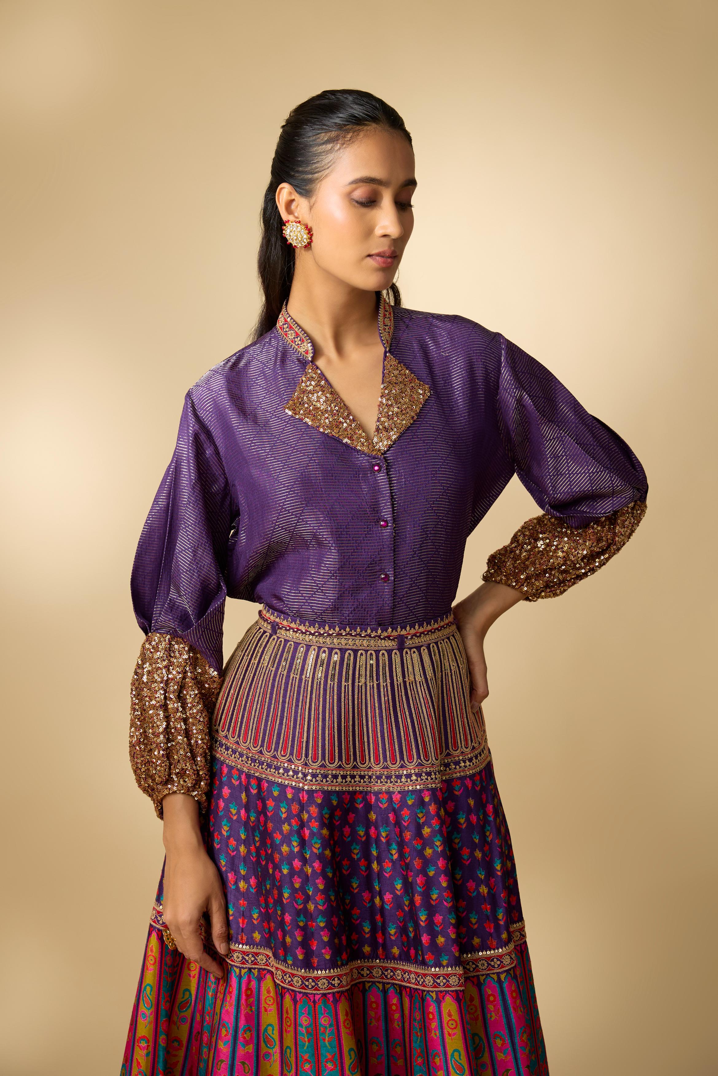 Blue Printed Slub Cotton Silk Tunic Skirt Set