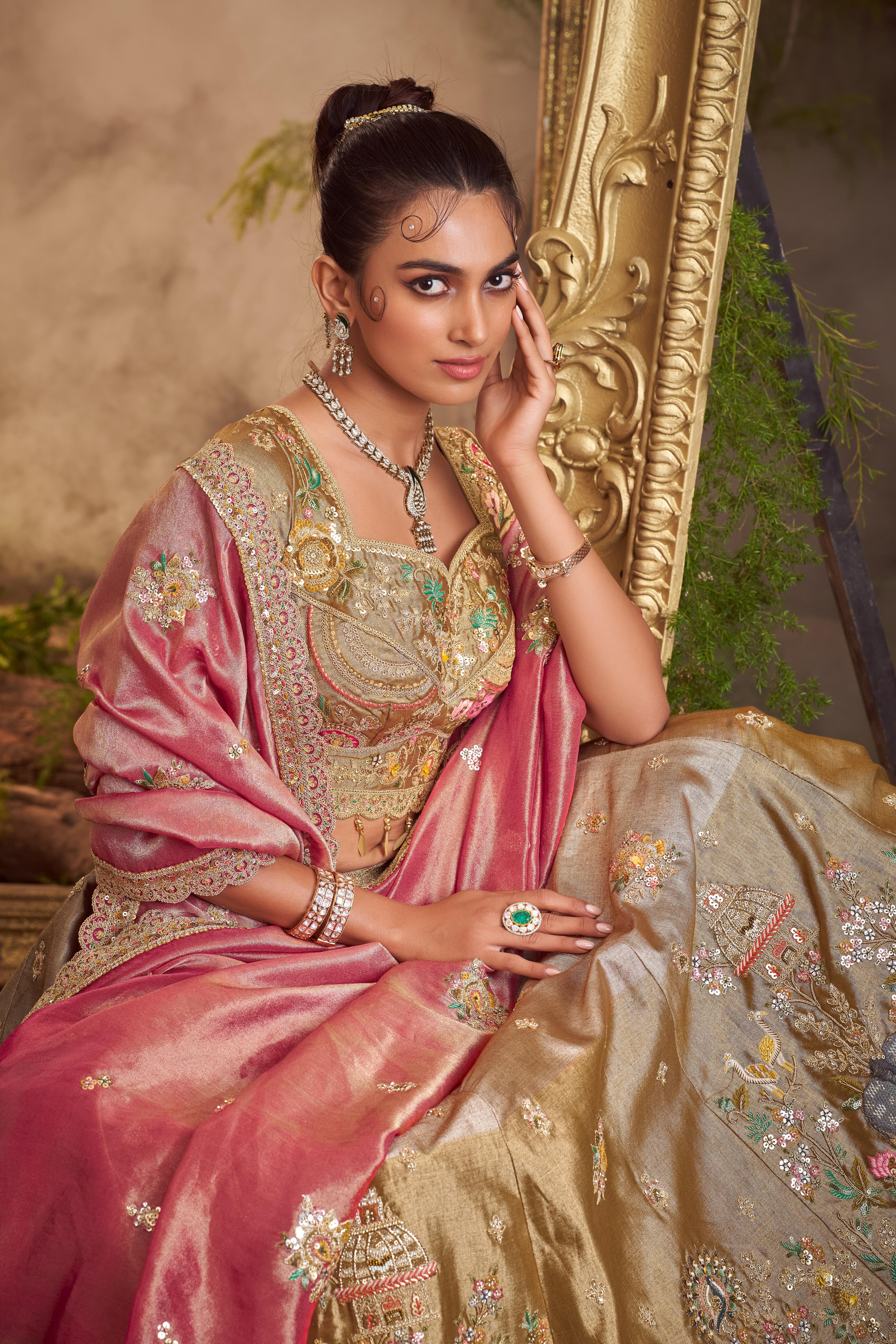 Copper Gold Embellished Shimmer Tissue Silk Lehenga Set