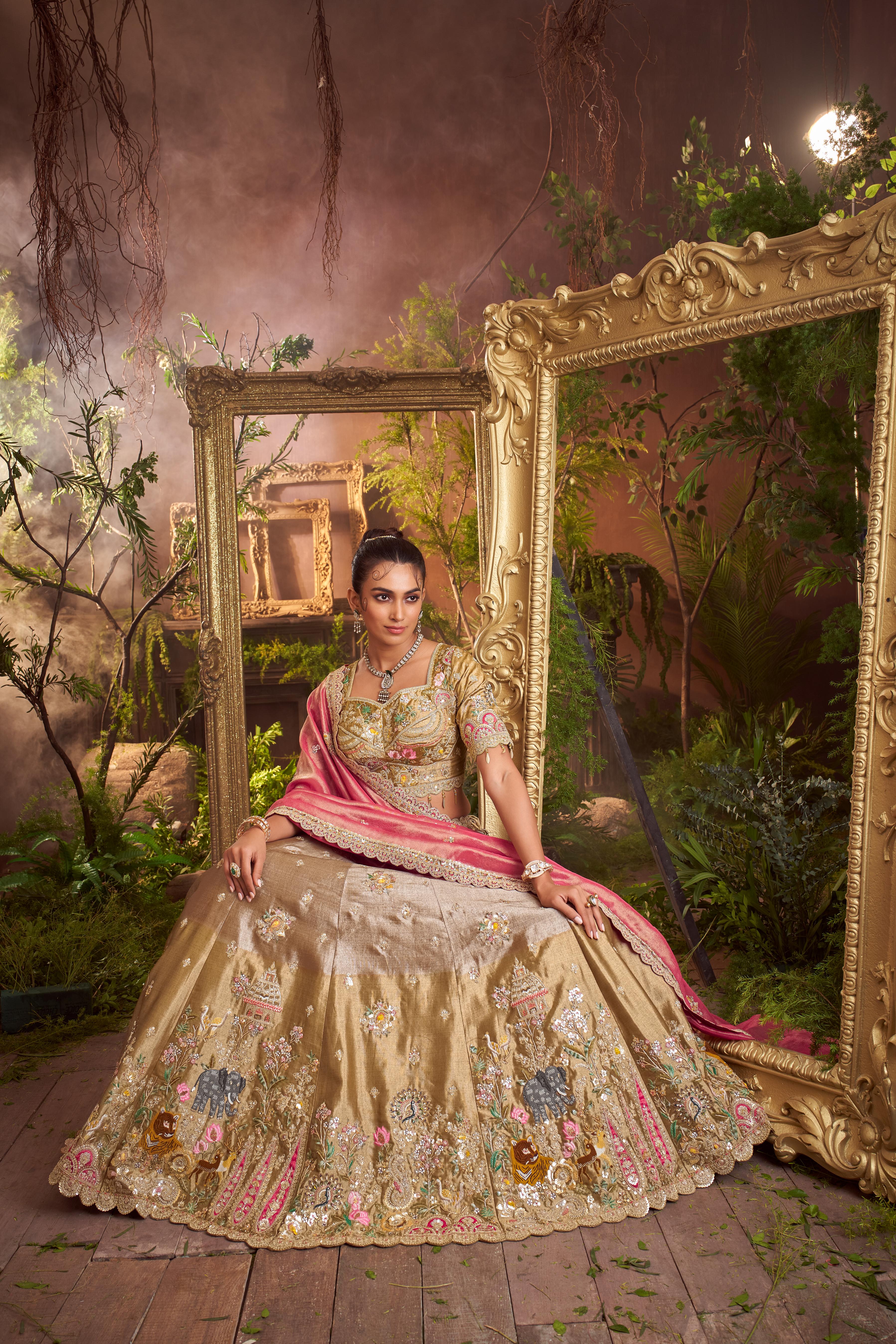 Copper Gold Embellished Shimmer Tissue Silk Lehenga Set