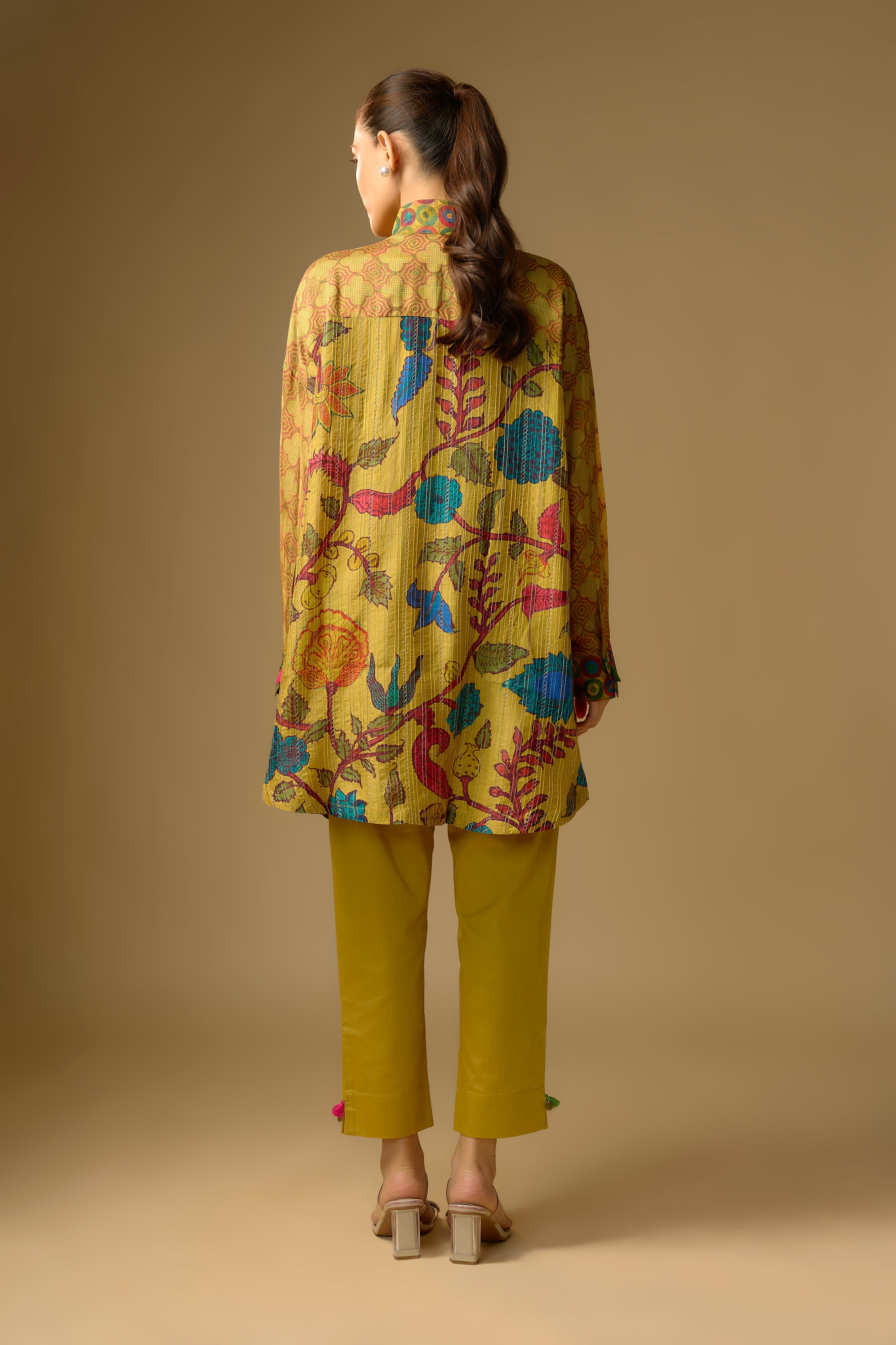 Mustard Yellow Floral Printed Slub Cotton Silk Tunic Top