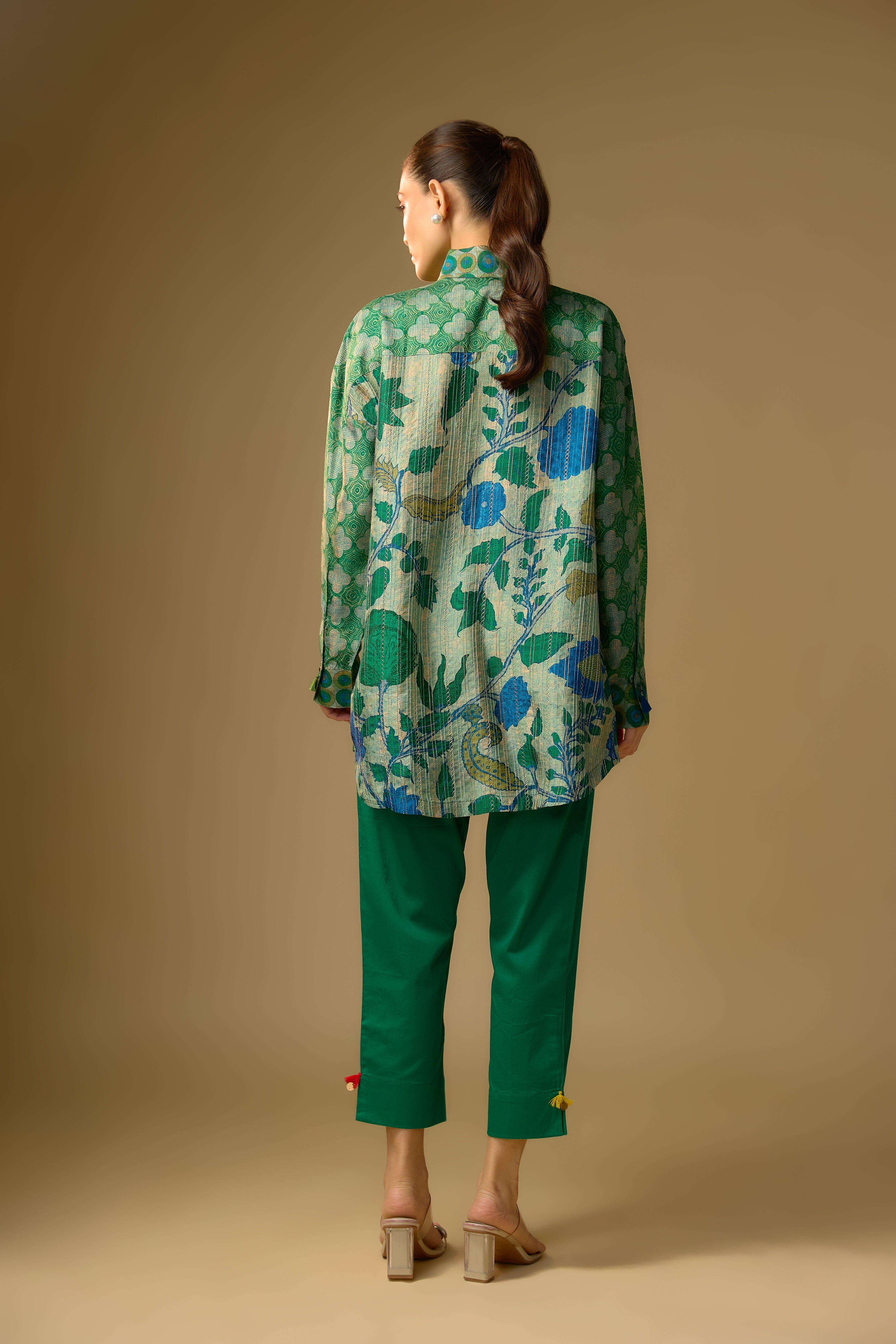 Pista Green Floral Printed Slub Cotton Silk Tunic Top