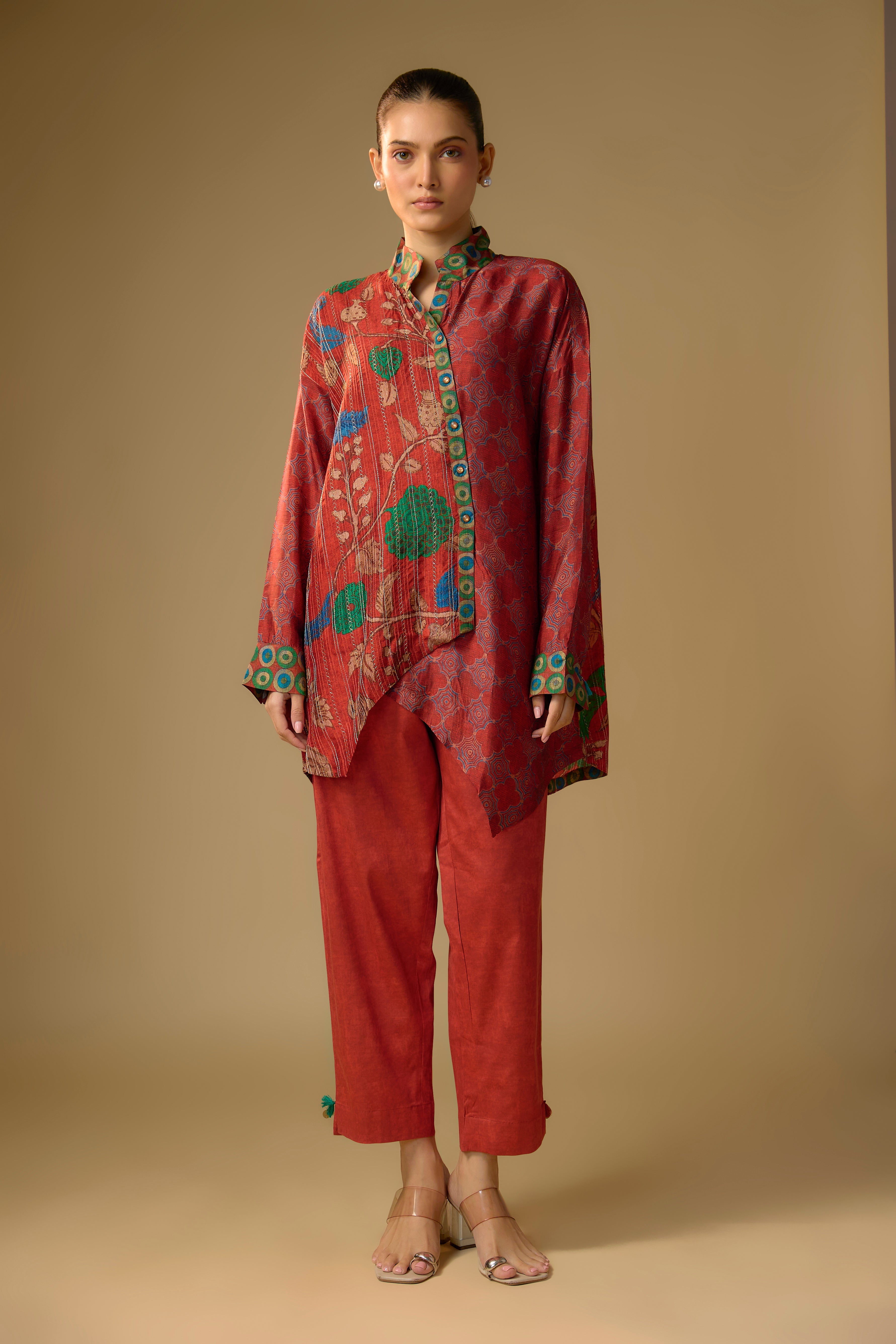 Red Floral Printed Slub Cotton Silk Tunic Top