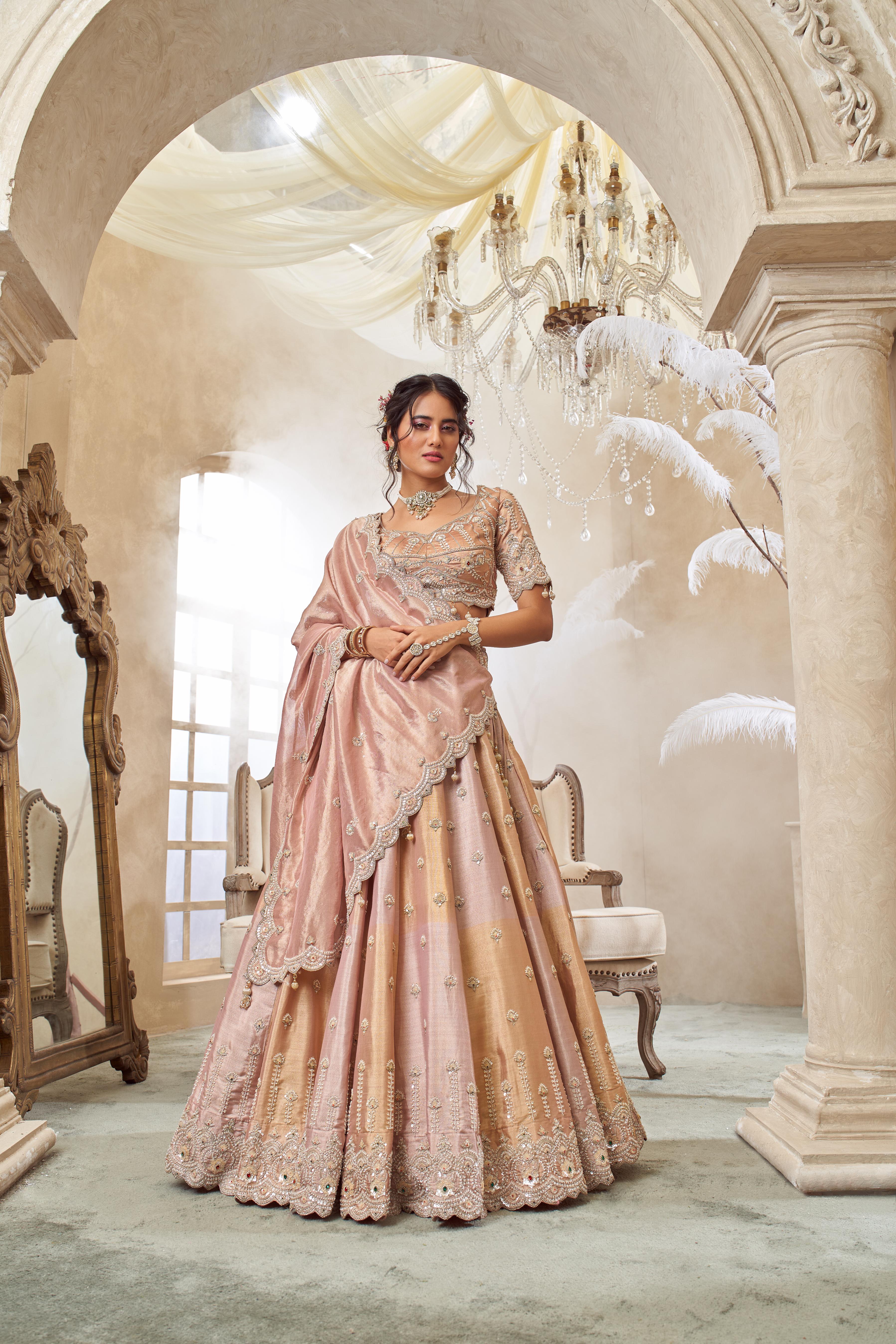Blush Pink Embellished Shimmer Tissue Silk Lehenga Set