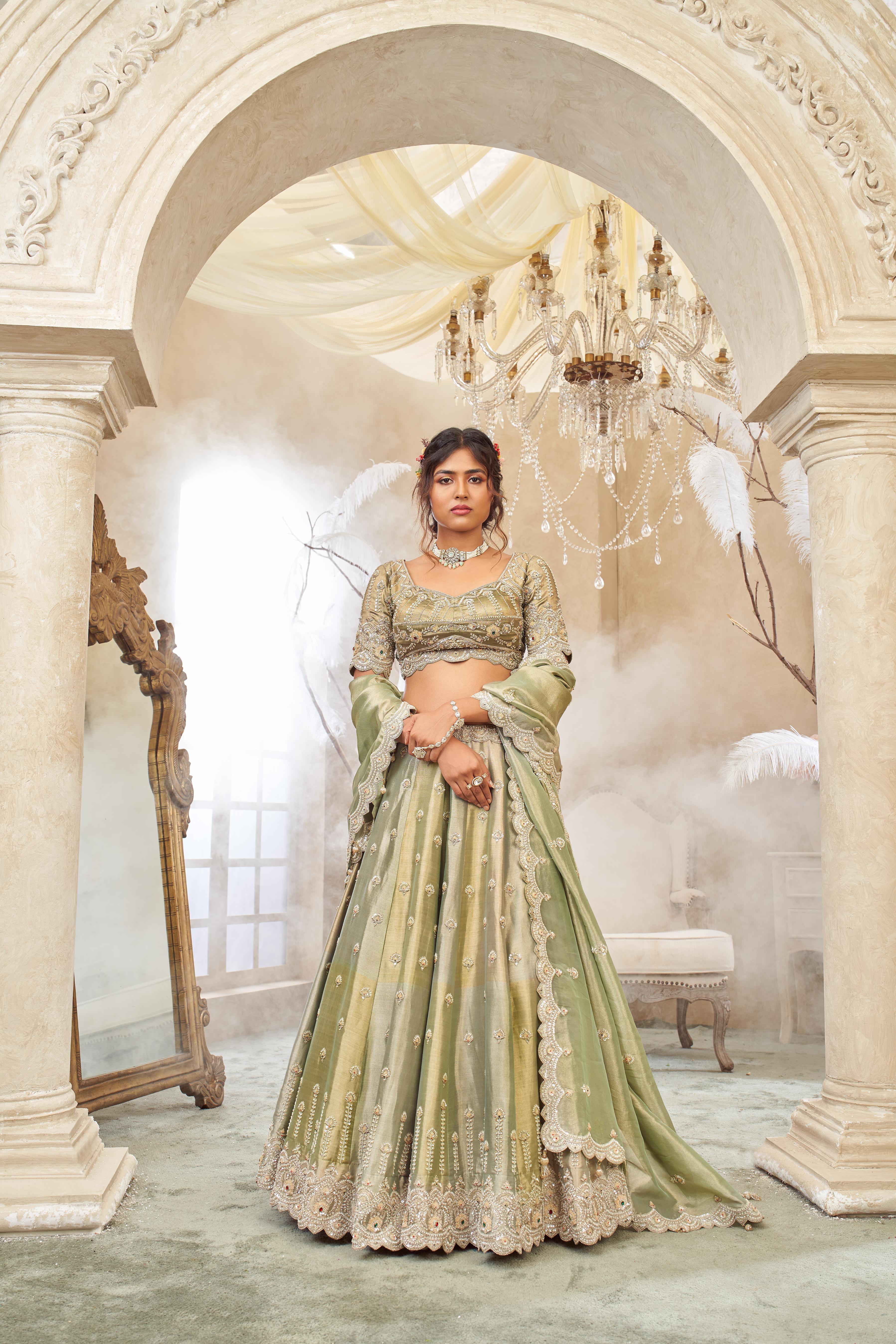 Pistachio Green Embellished Shimmer Tissue Silk Lehenga Set
