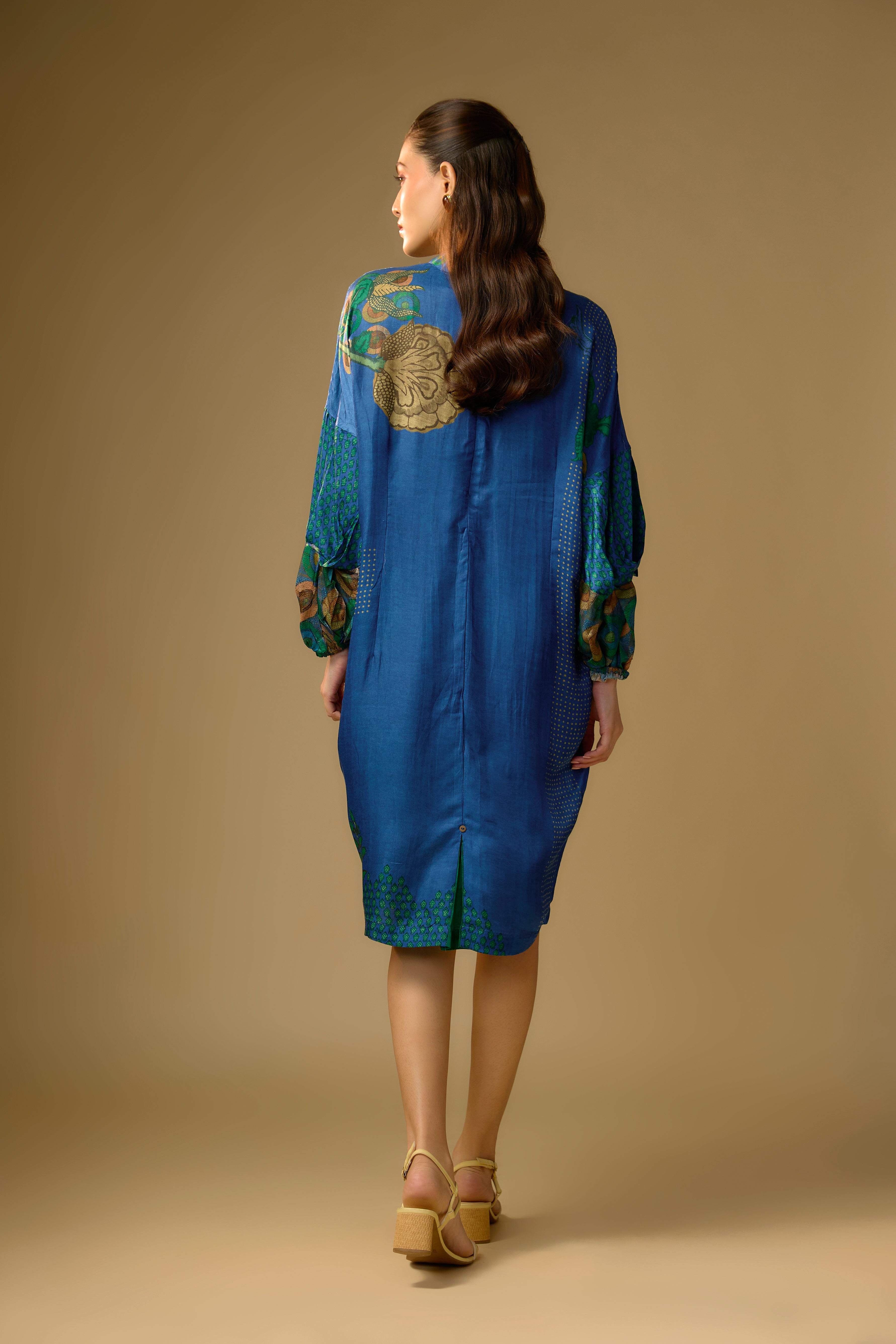 Blue Printed Slub Cotton Silk Tunic Dress