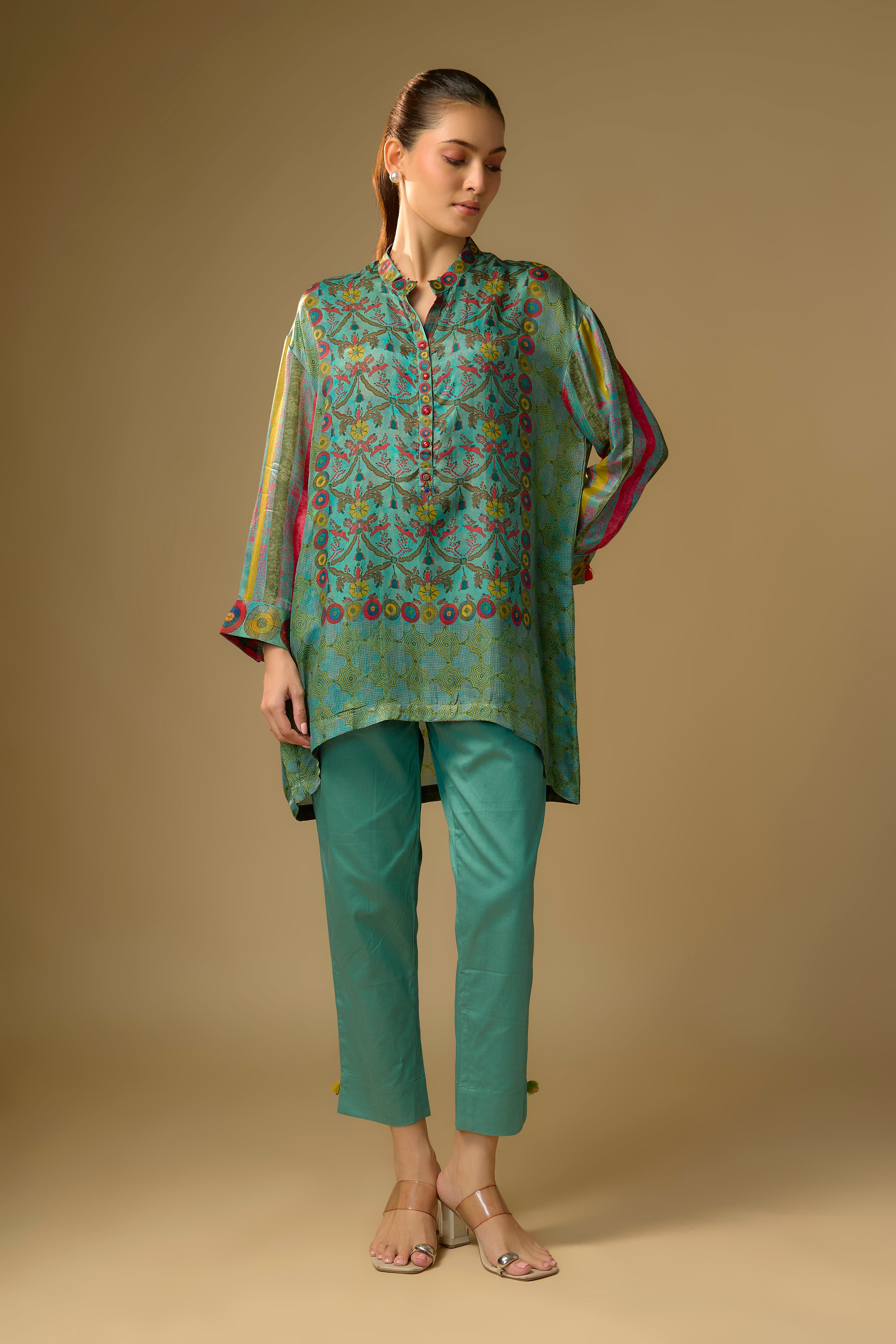 English Blue Printed Slub Cotton Silk Tunic Top