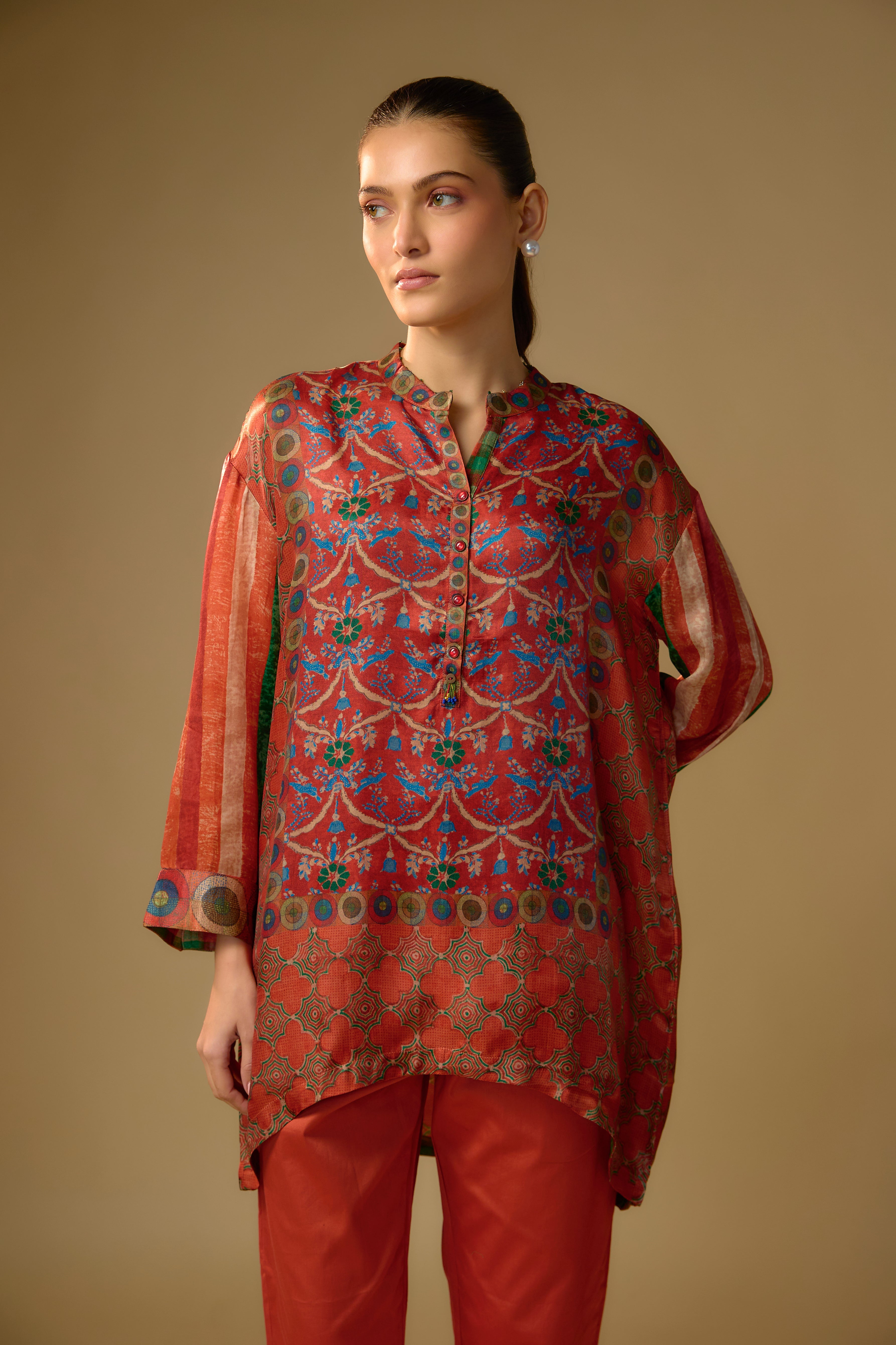 Orange Printed Slub Cotton Silk Tunic Top