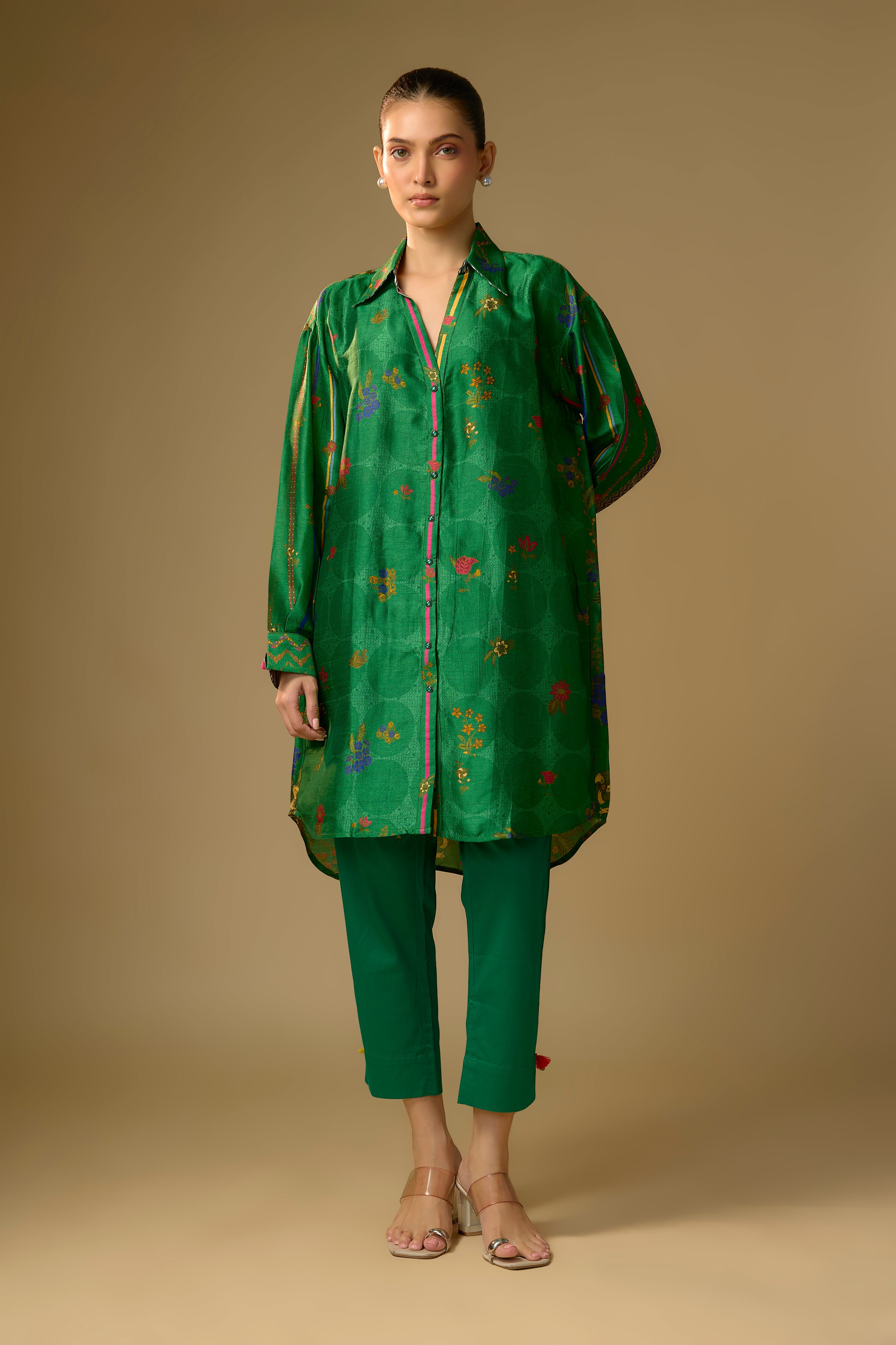 Green Printed Slub Cotton Silk Tunic Top