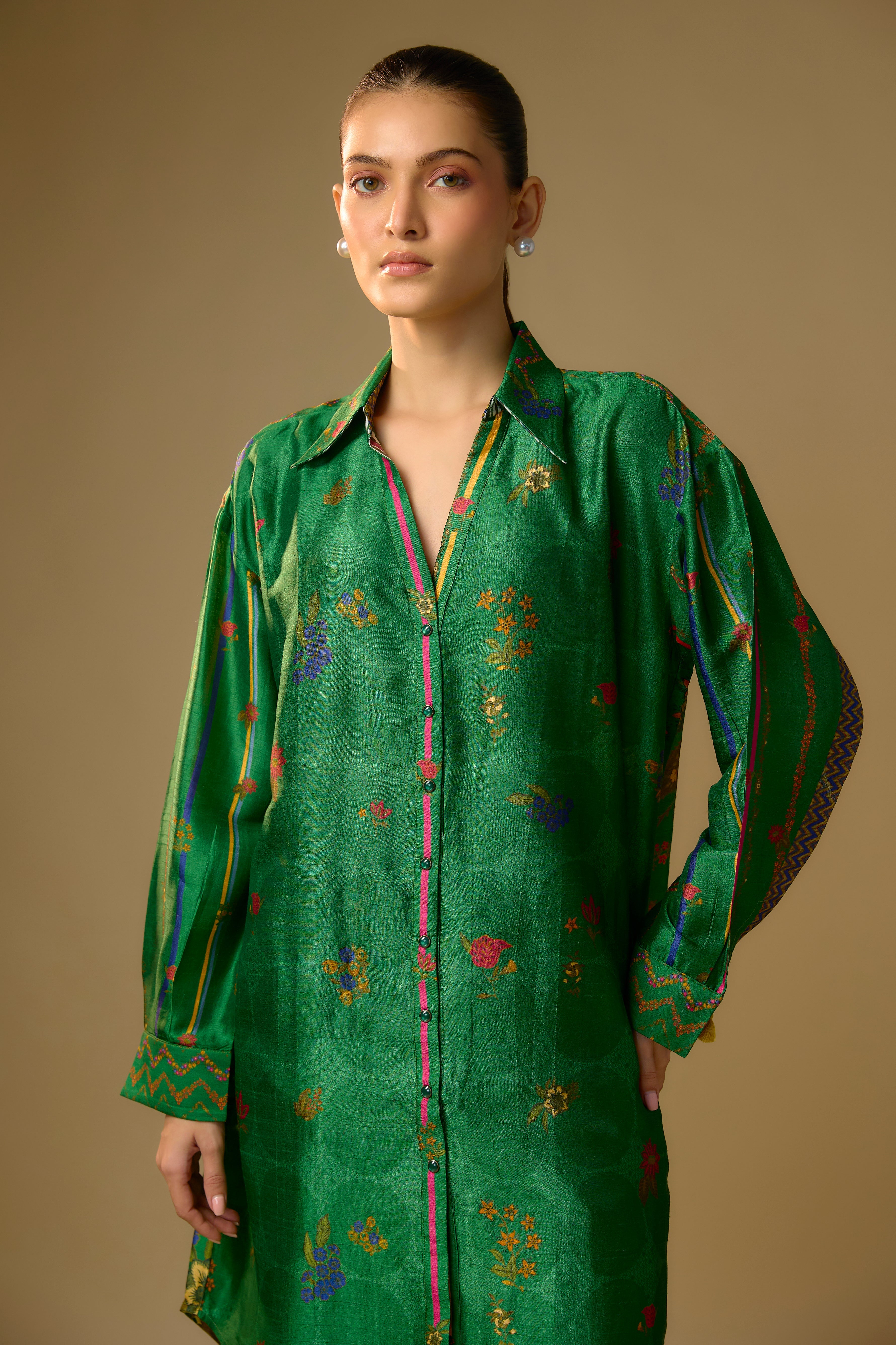 Green Printed Slub Cotton Silk Tunic Top
